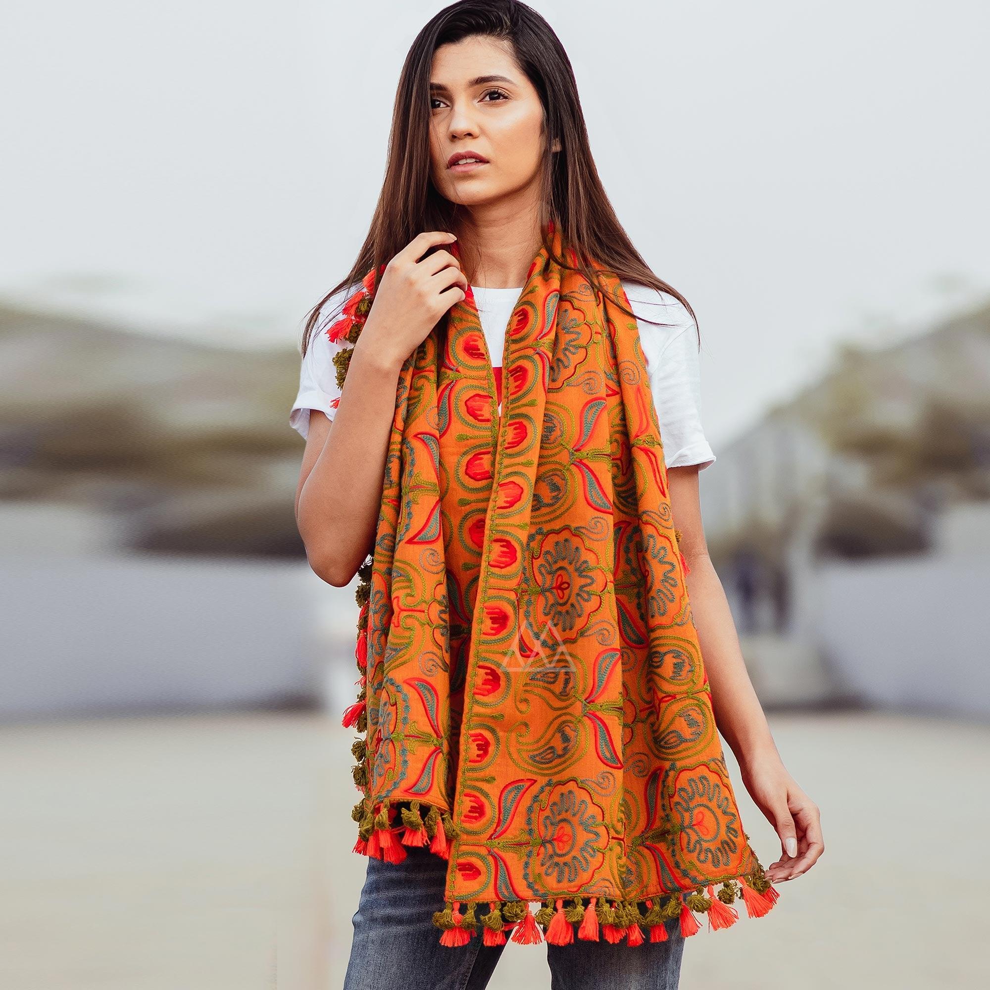 Engrossing Orange Colored Embroidered Khadi Muffler Stole - Peachmode