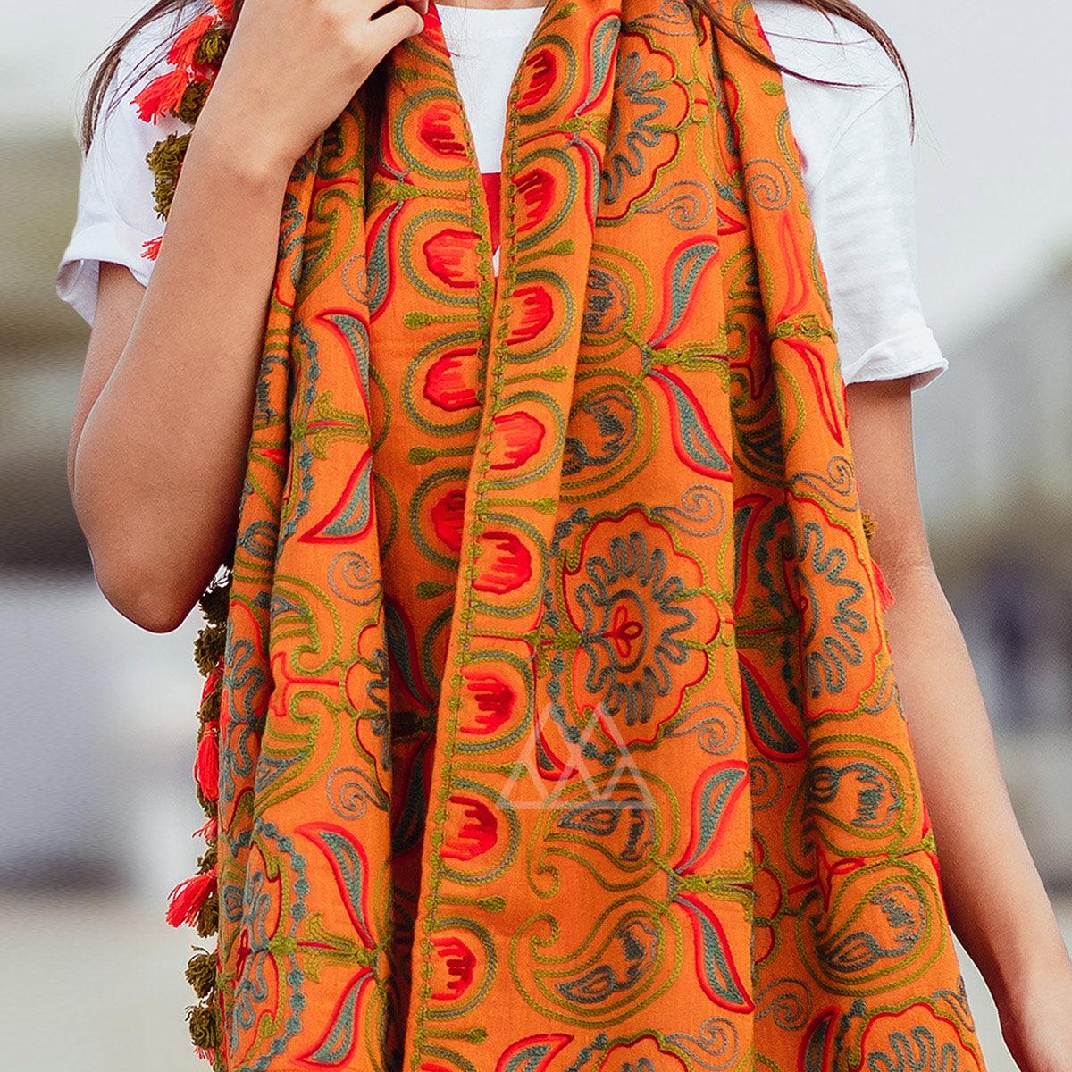 Engrossing Orange Colored Embroidered Khadi Muffler Stole - Peachmode
