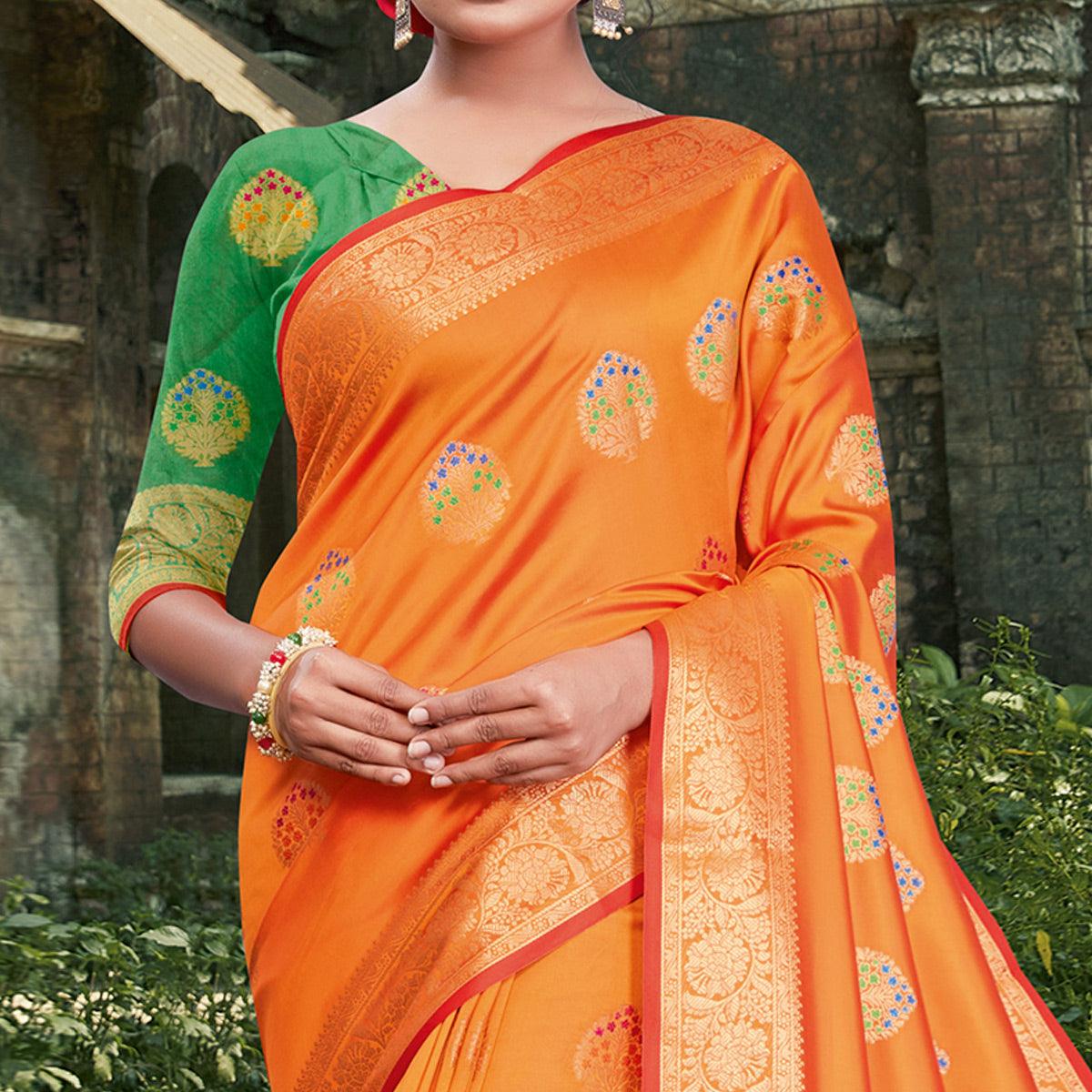 Engrossing Orange Colored Festive Wear Woven Silk Saree - Peachmode