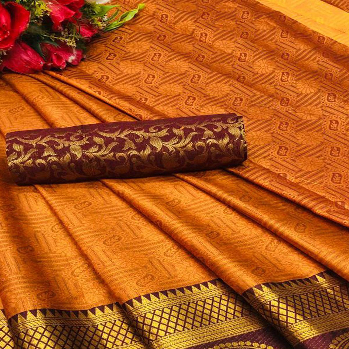 Engrossing Orange Coloured Casual Wear Printed Self Cotton Silk Saree - Peachmode