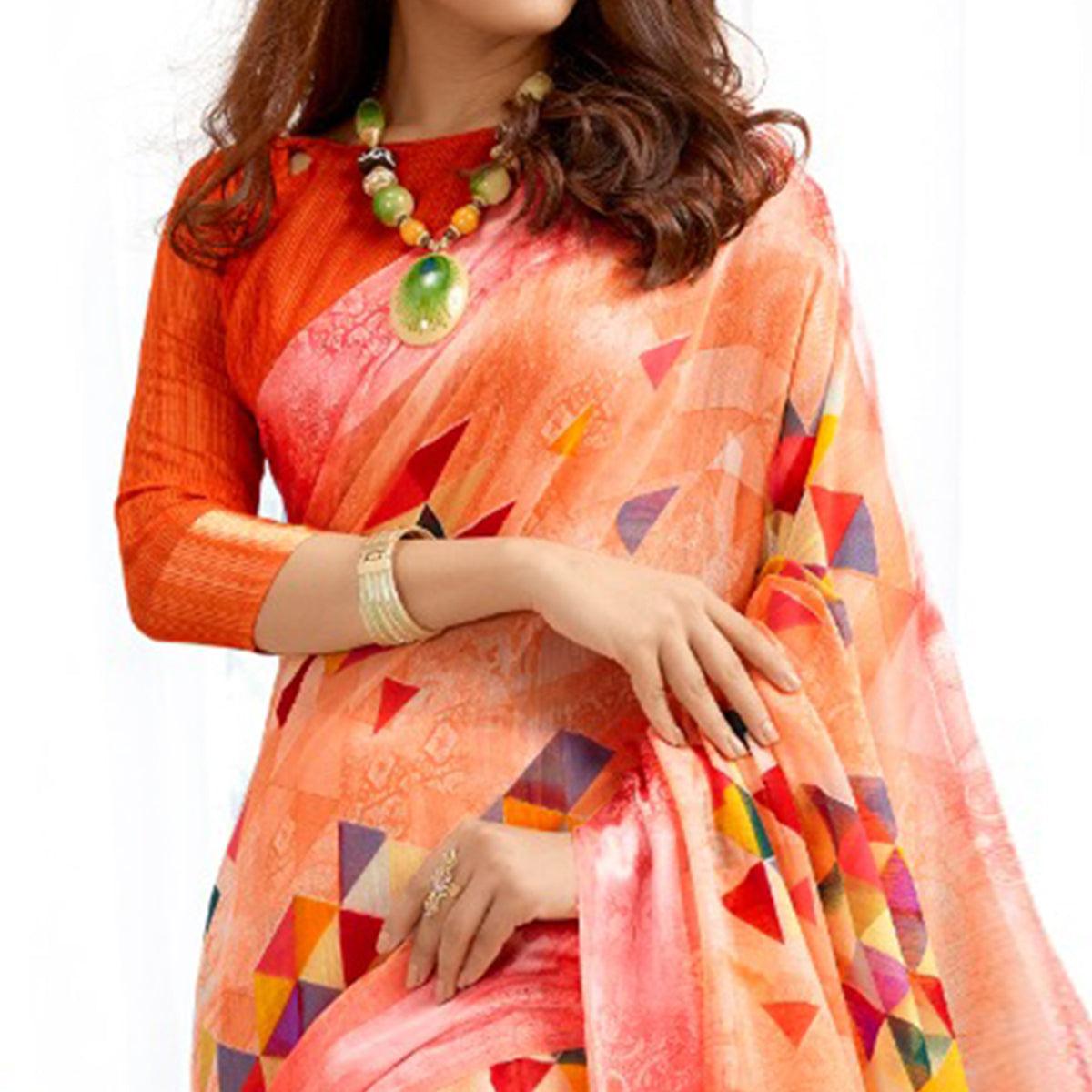 Engrossing Peach Colored Casual Printed Cotton Saree - Peachmode