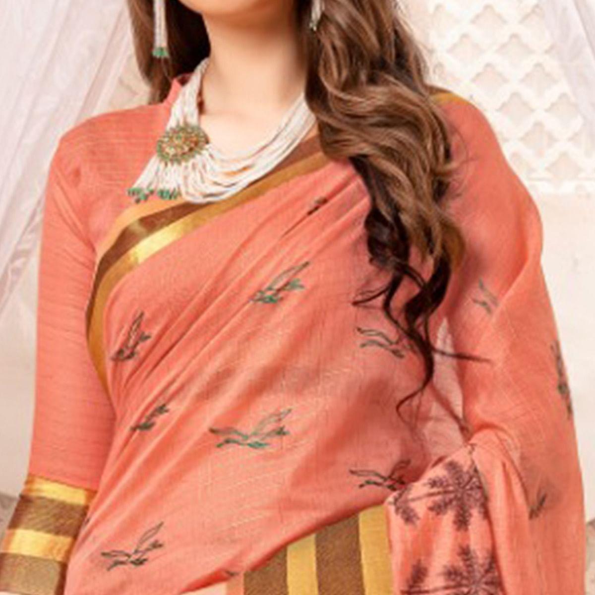 Engrossing Peach Colored Festive Printed Art Silk Saree - Peachmode