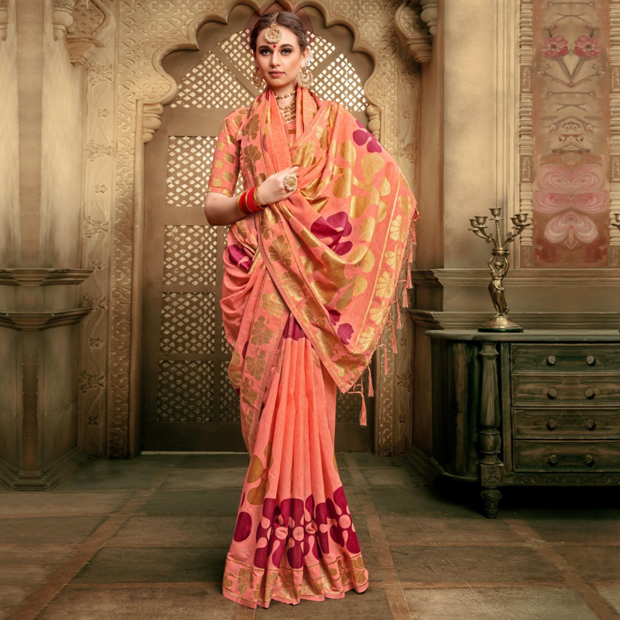 Engrossing Peach Colored Festive Wear Woven Cotton Silk Saree - Peachmode