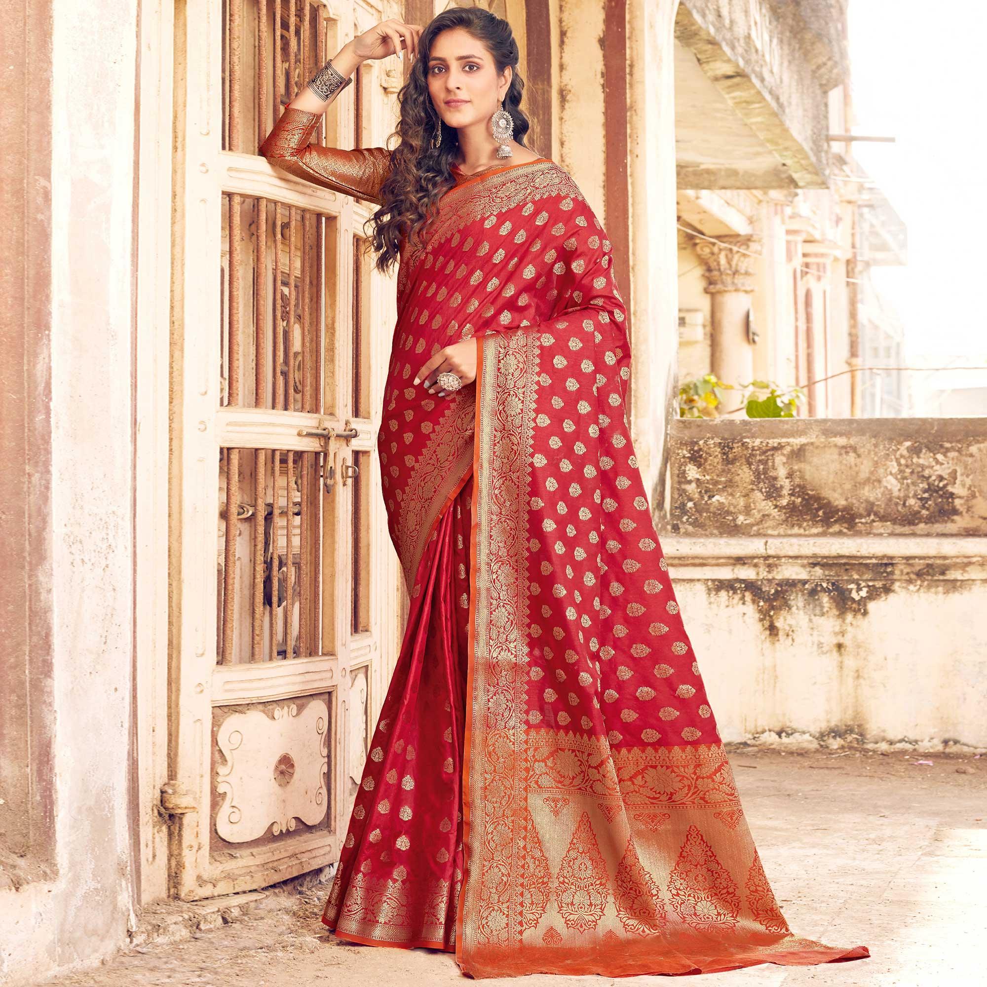 Engrossing Peach Coloured Designer Partywear Weaving Silk Saree - Peachmode