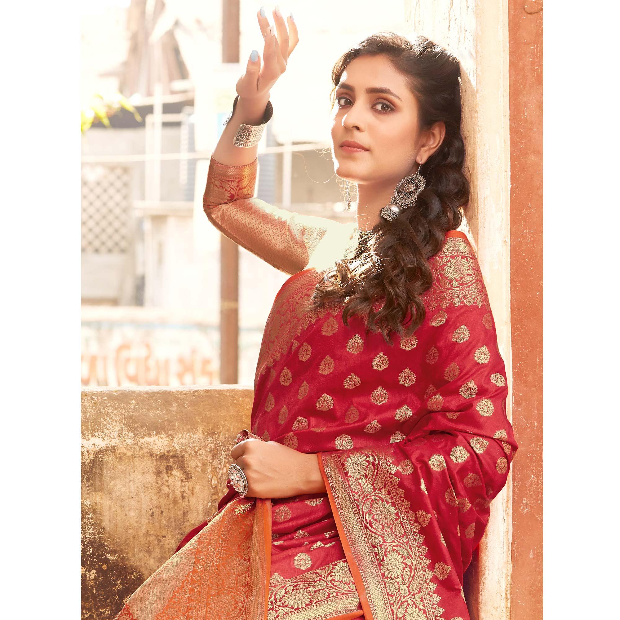 Engrossing Peach Coloured Designer Partywear Weaving Silk Saree - Peachmode