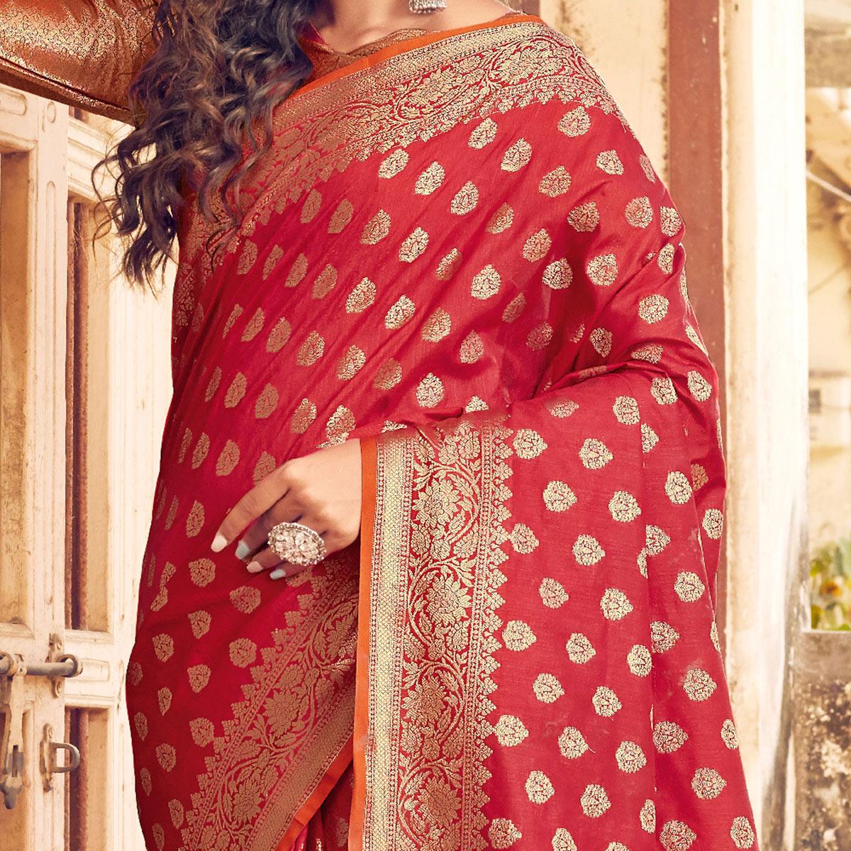 Engrossing Peach Coloured Designer Partywear Weaving Silk Saree - Peachmode