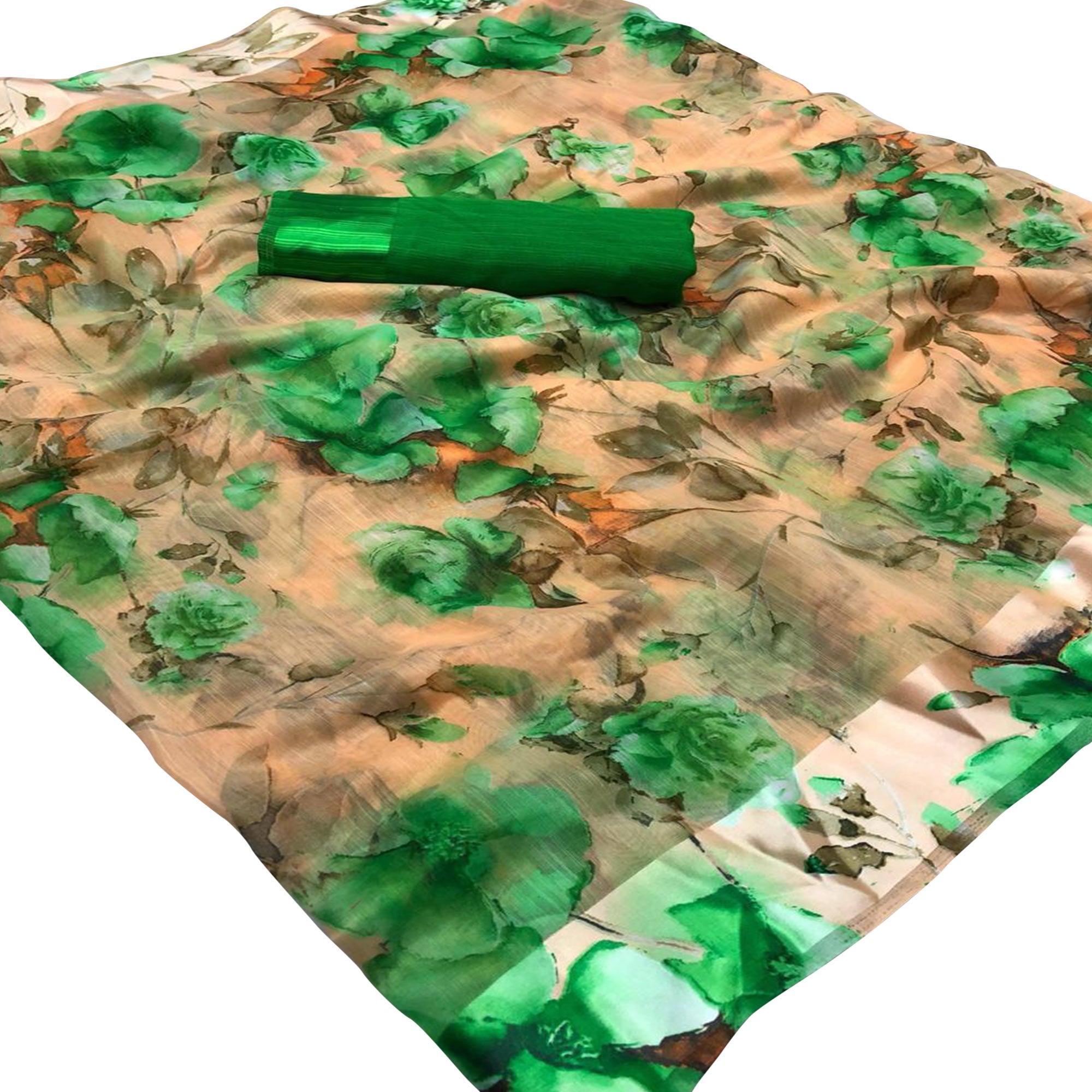 Engrossing Peach-Green Colored Casual Wear Floral Printed Linen Saree - Peachmode