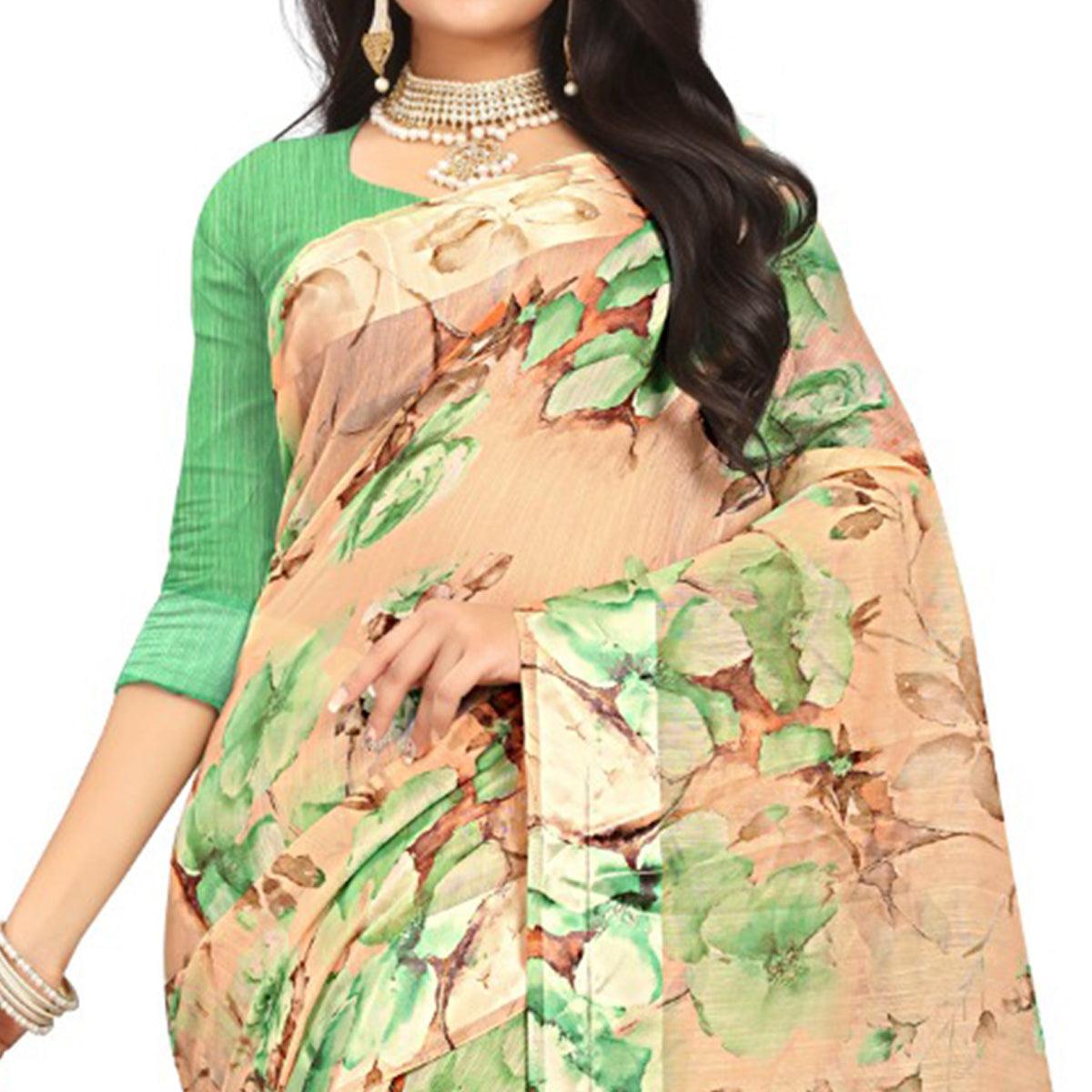 Engrossing Peach-Green Colored Casual Wear Floral Printed Linen Saree - Peachmode