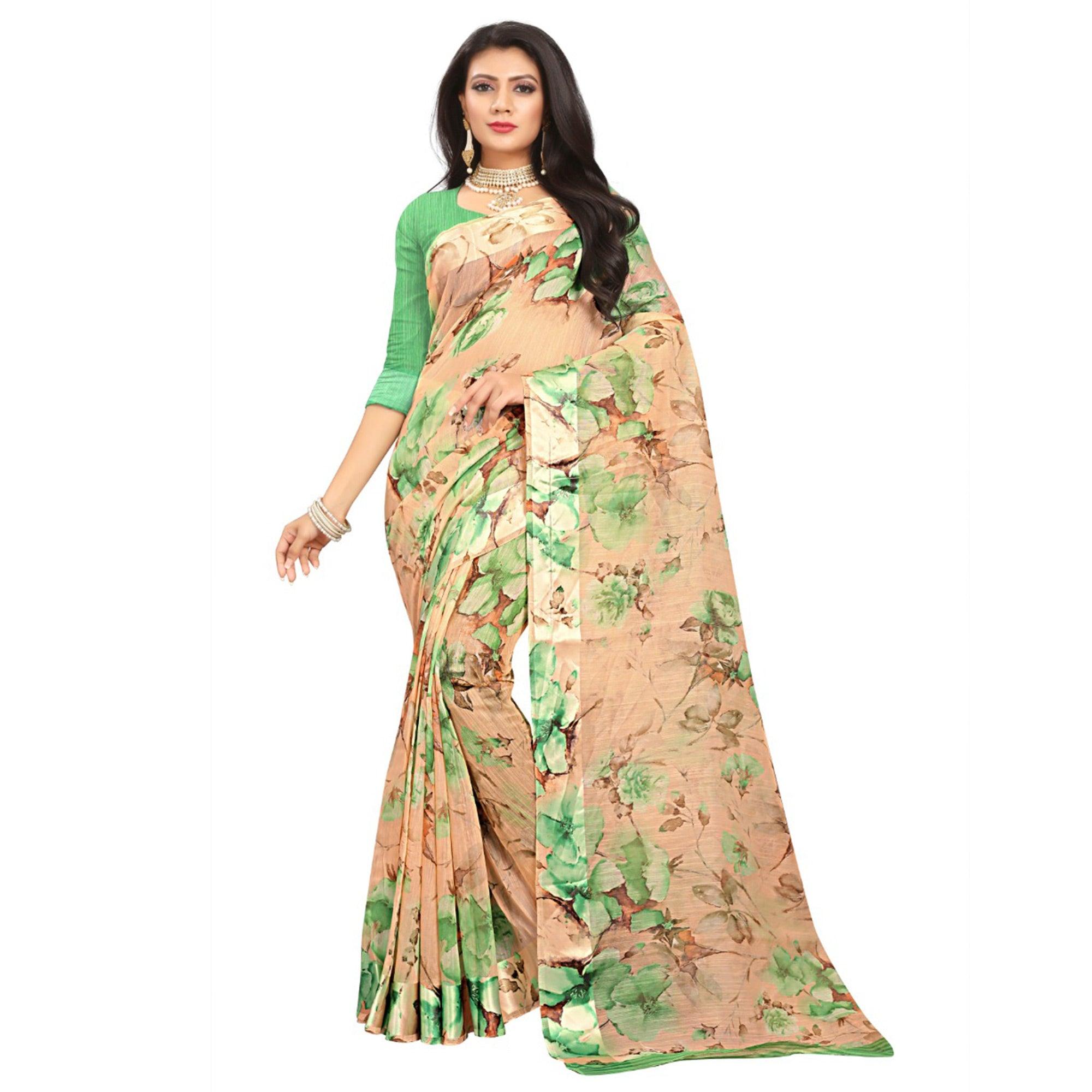 Engrossing Peach-Green Colored Casual Wear Floral Printed Linen Saree - Peachmode