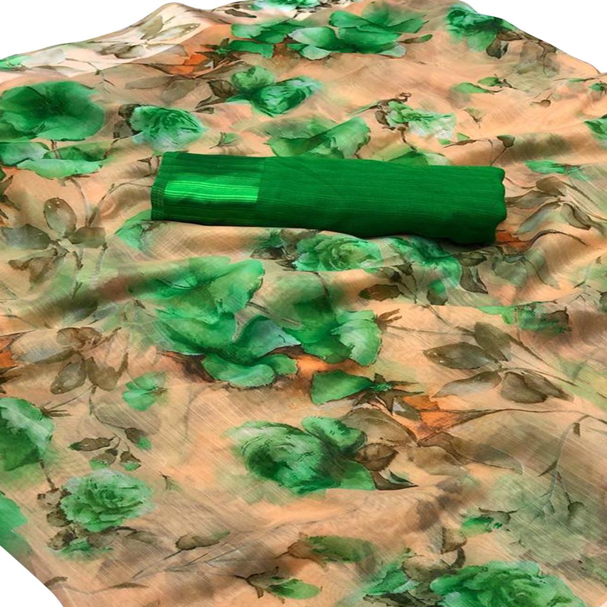 Engrossing Peach-Green Colored Casual Wear Floral Printed Linen Saree - Peachmode