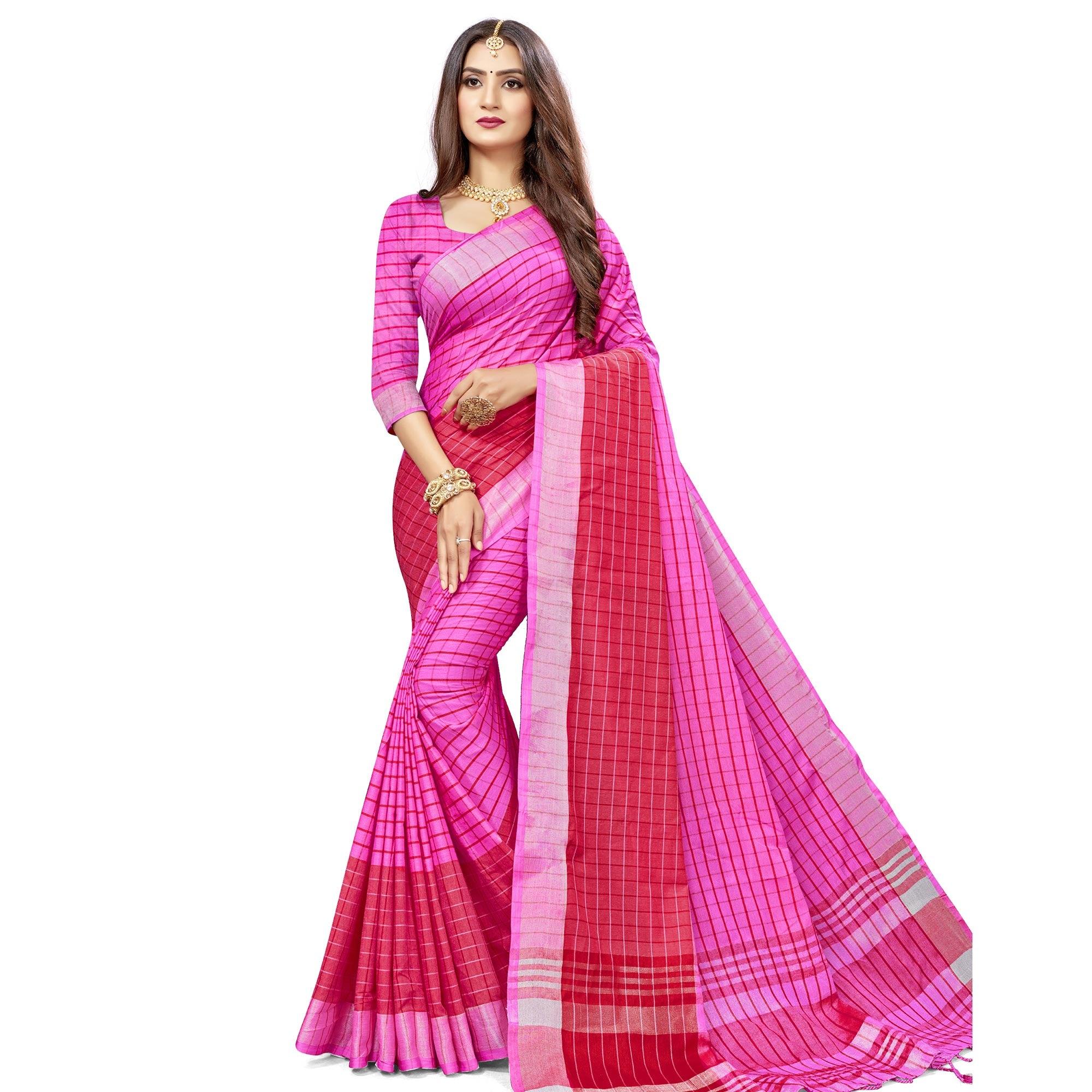 Engrossing Pink Colored Fesive Wear Checks Print Cotton Silk Saree With Tassels - Peachmode