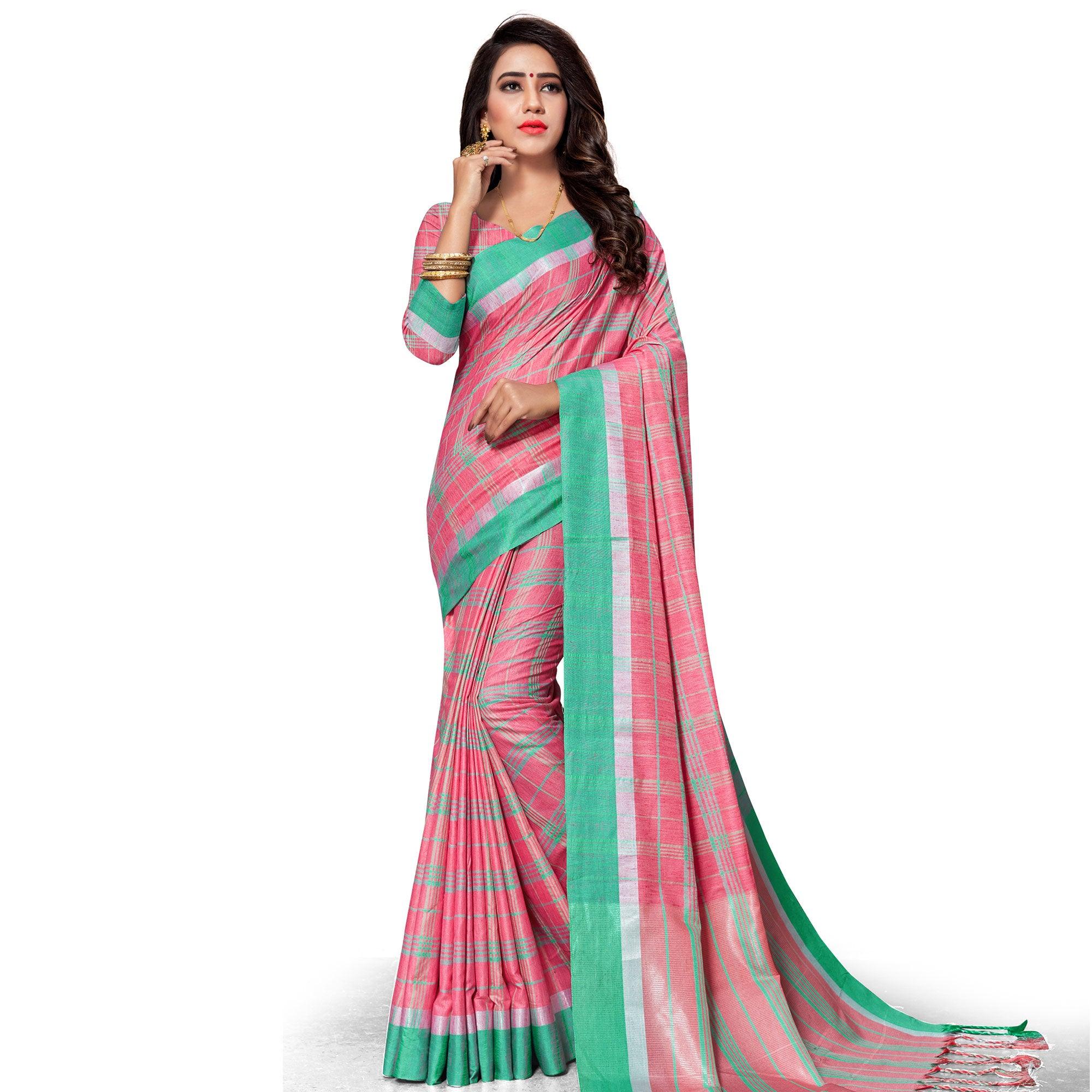 Engrossing Pink Colored Fesive Wear Stripe Print Cotton Silk Saree With Tassels - Peachmode