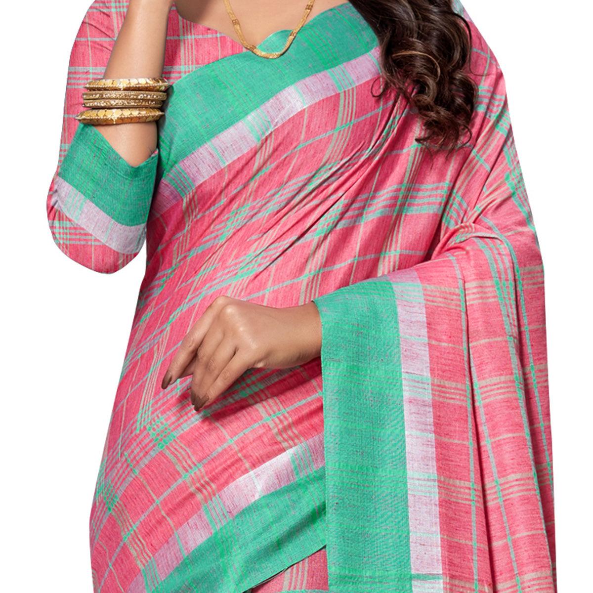 Engrossing Pink Colored Fesive Wear Stripe Print Cotton Silk Saree With Tassels - Peachmode