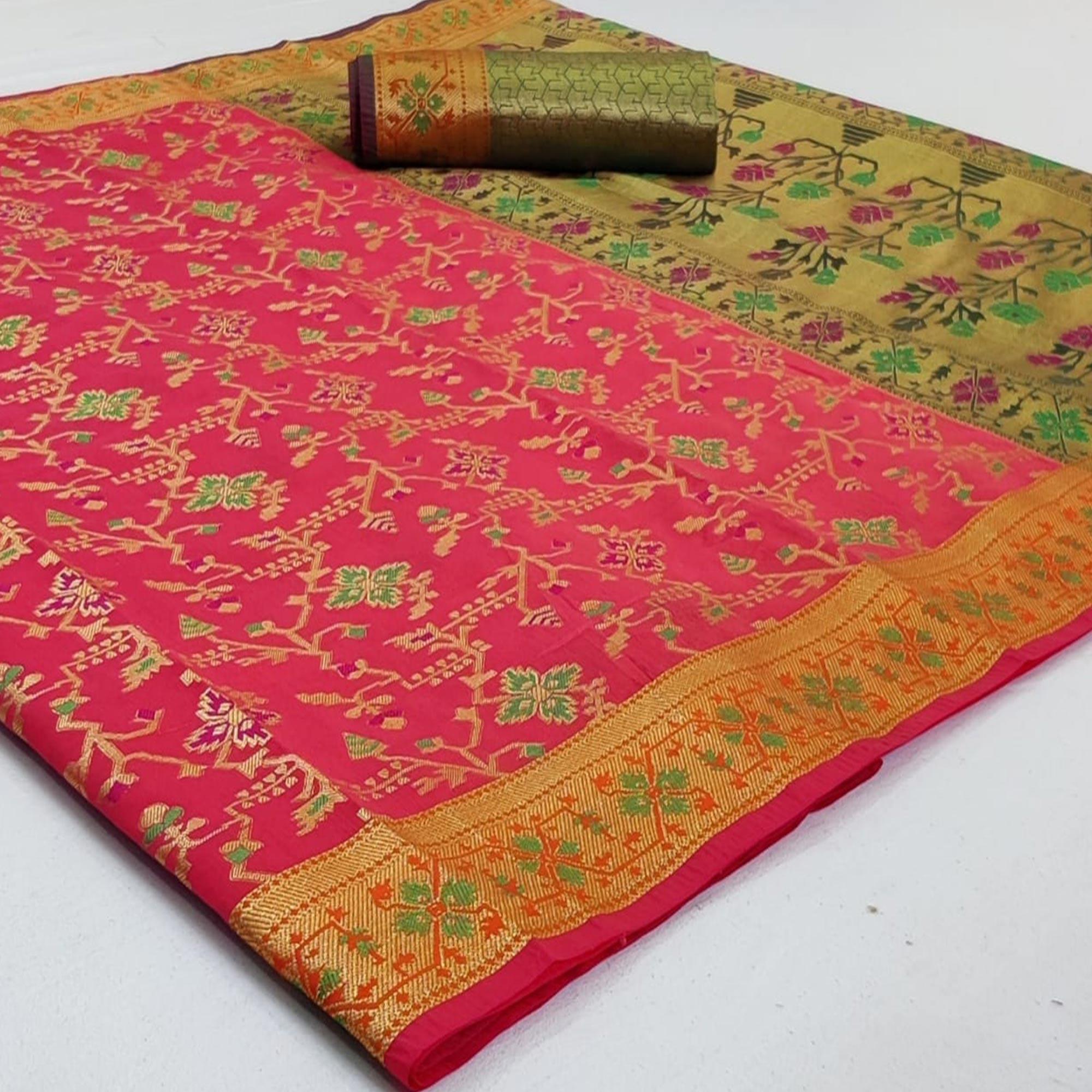 Engrossing Pink Colored Festive Wear Woven Silk Saree - Peachmode