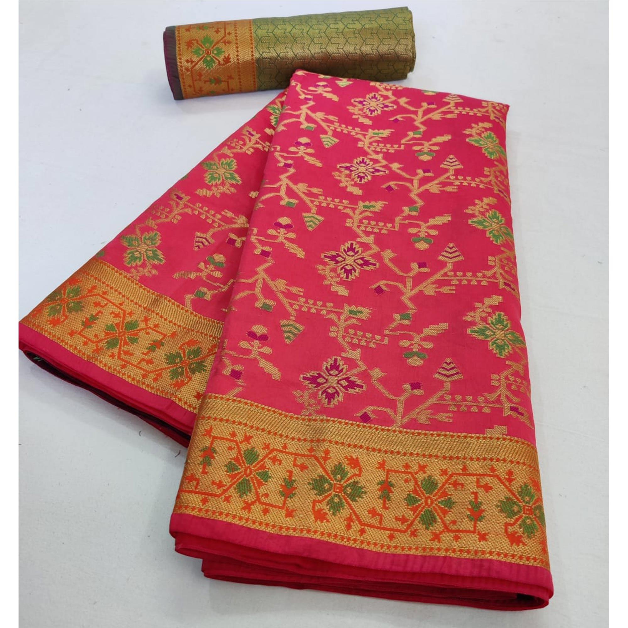 Engrossing Pink Colored Festive Wear Woven Silk Saree - Peachmode