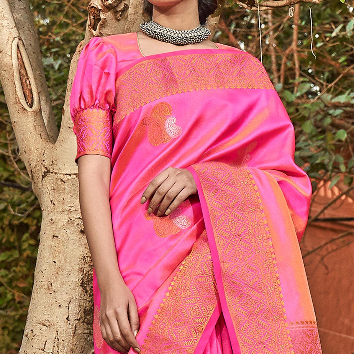 Engrossing Pink Colored Festive Wear Woven Soft Silk Saree - Peachmode