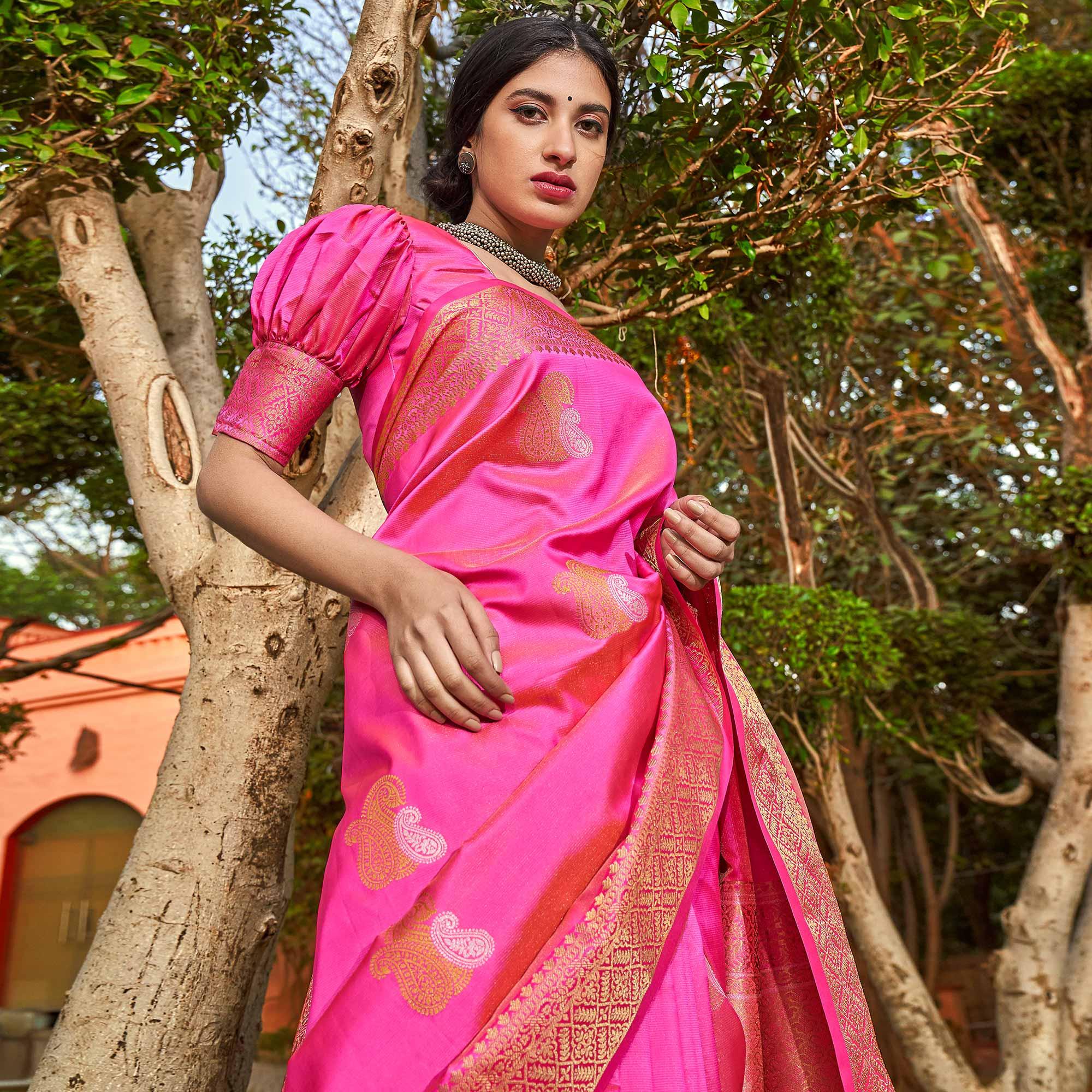 Engrossing Pink Colored Festive Wear Woven Soft Silk Saree - Peachmode
