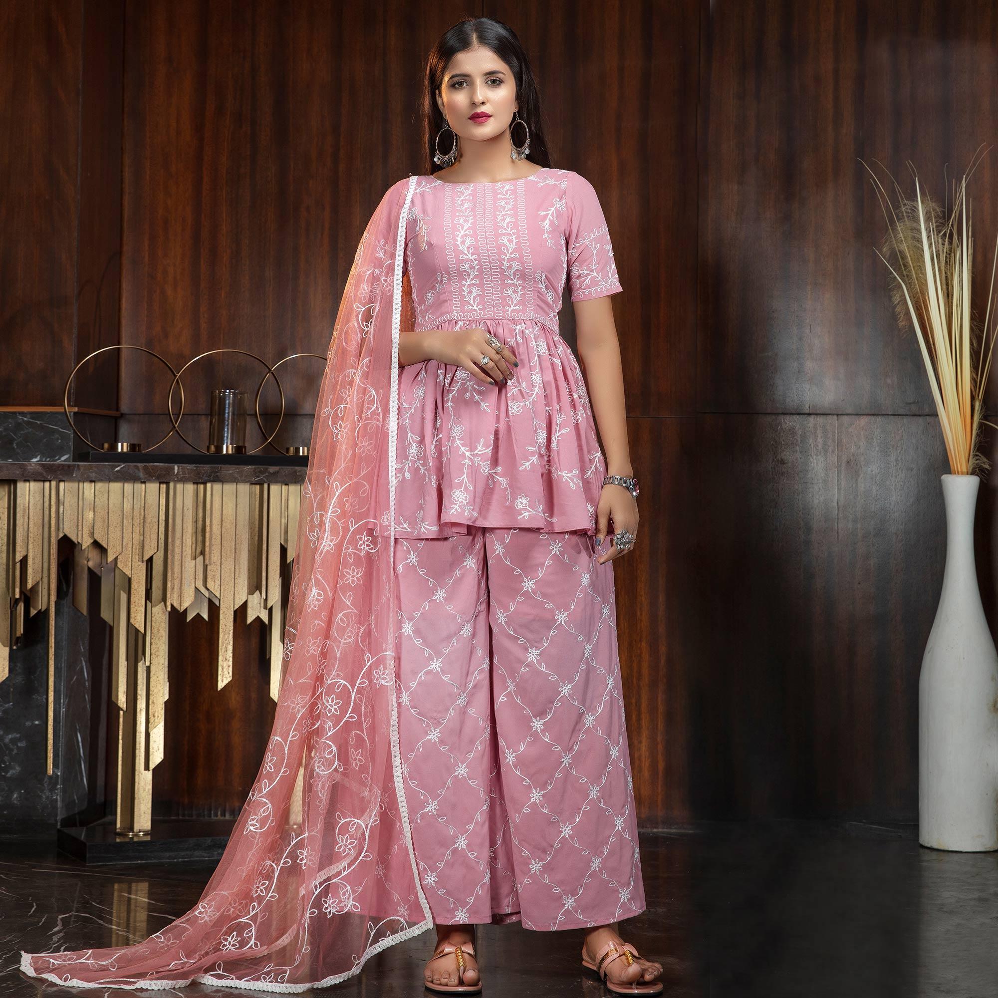 Engrossing Pink Colored Partywear Embroidered Gerogette Palazzo Suit - Peachmode