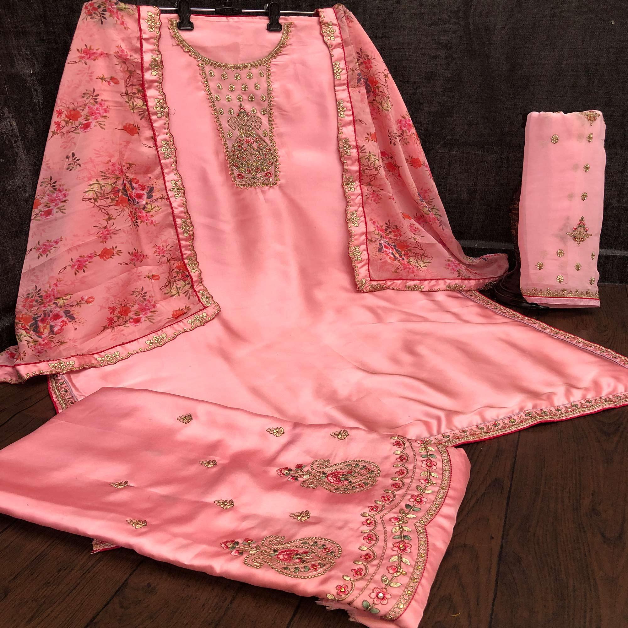 Engrossing Pink Colored Partywear Embroidered Muslin Satin Gharara Suit With Palazzo - Peachmode