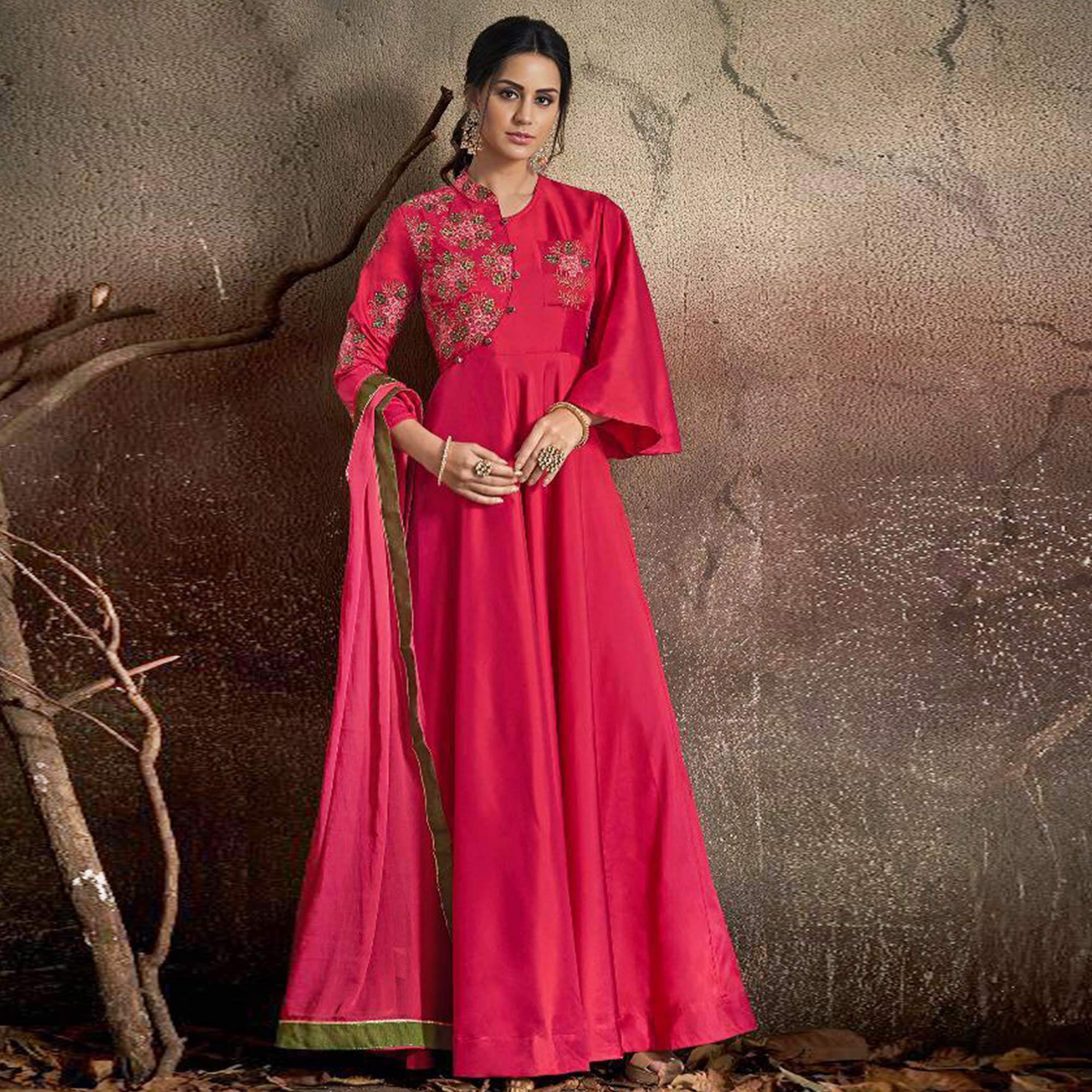 Engrossing Pink Colored Partywear Embroidered Tapeta Silk Gown - Peachmode
