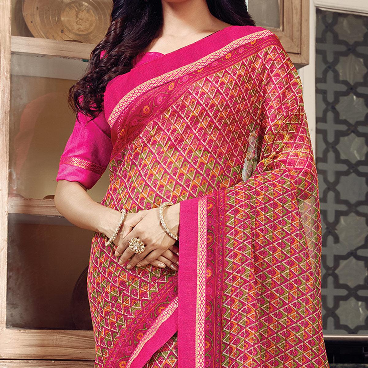 Engrossing Pink Colored Partywear Printed Silk Saree - Peachmode