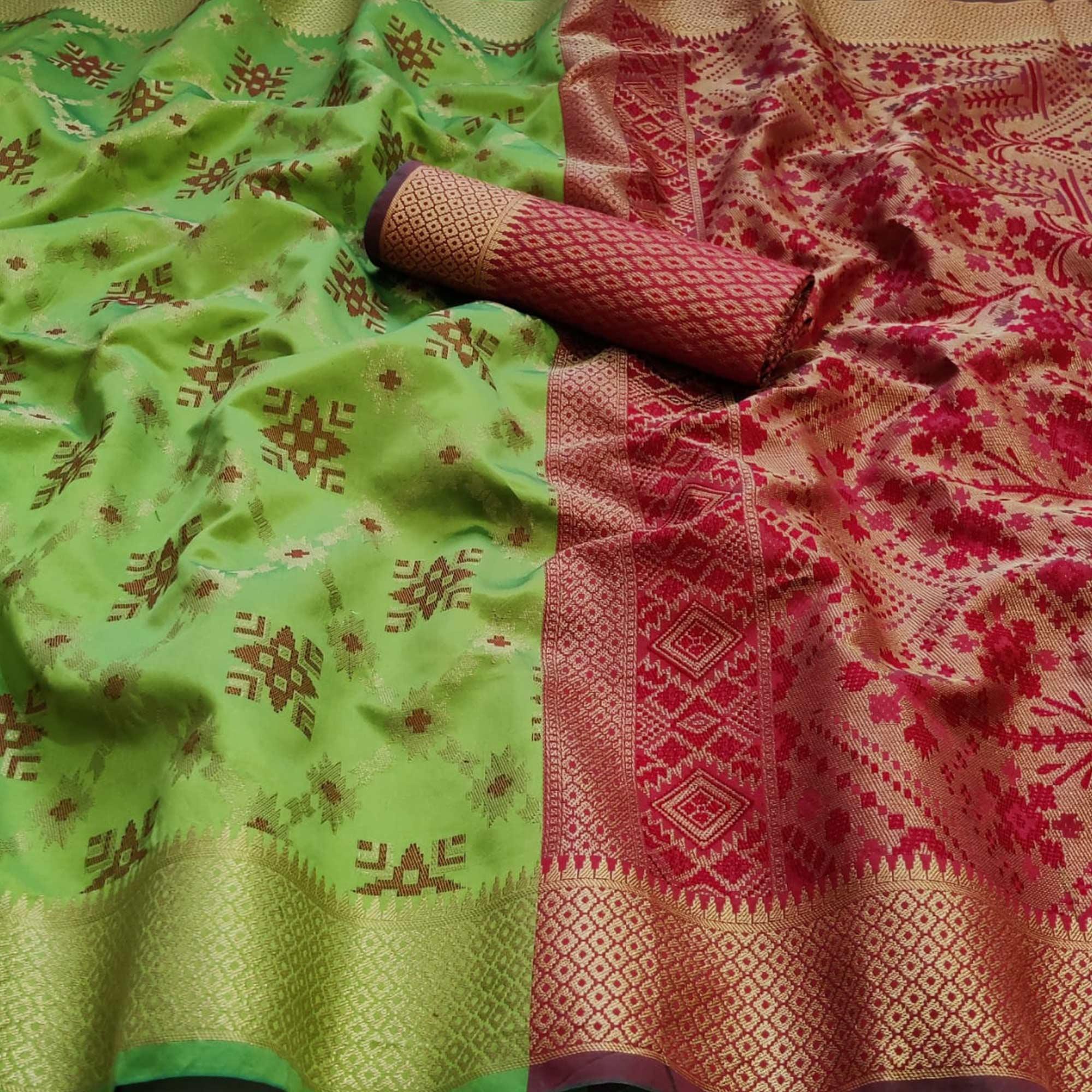 Engrossing Pista Green Colored Festive Wear Woven Patola Silk Saree - Peachmode