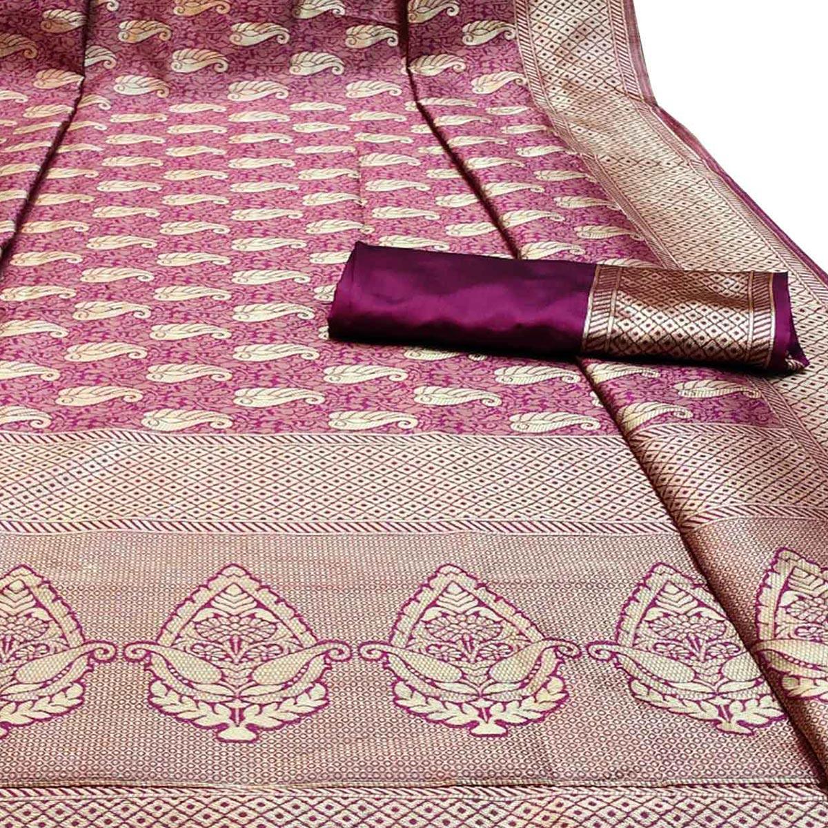 Engrossing Purple Colored Festive Wear Woven Banarasi Silk Saree With Tassels - Peachmode