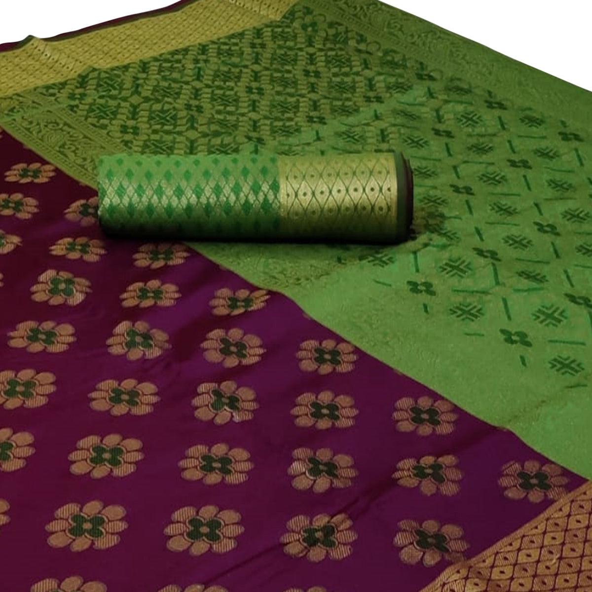 Engrossing Purple Colored Festive Wear Woven Silk Saree - Peachmode
