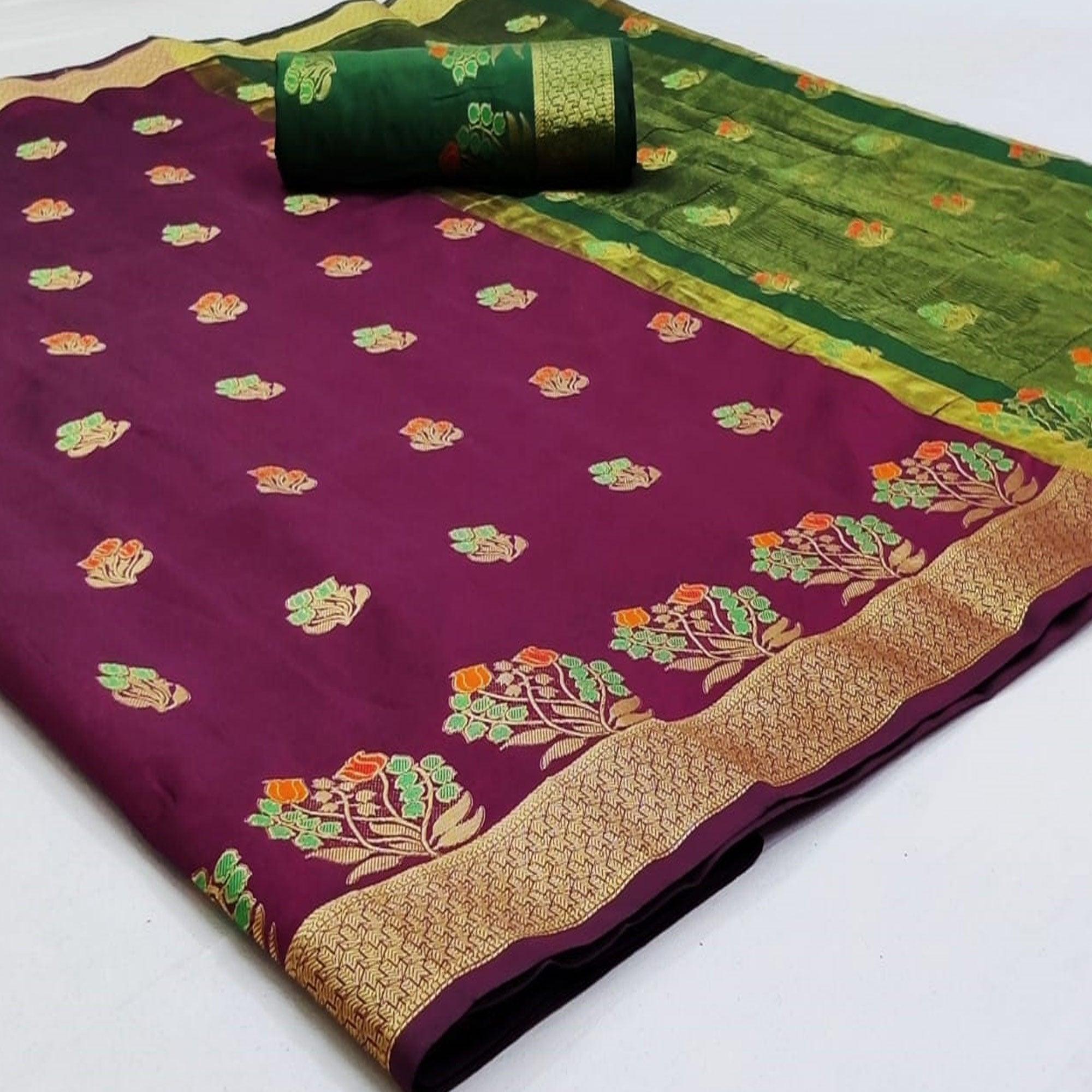 Engrossing Purple Colored Festive Wear Woven Soft Silk Saree - Peachmode