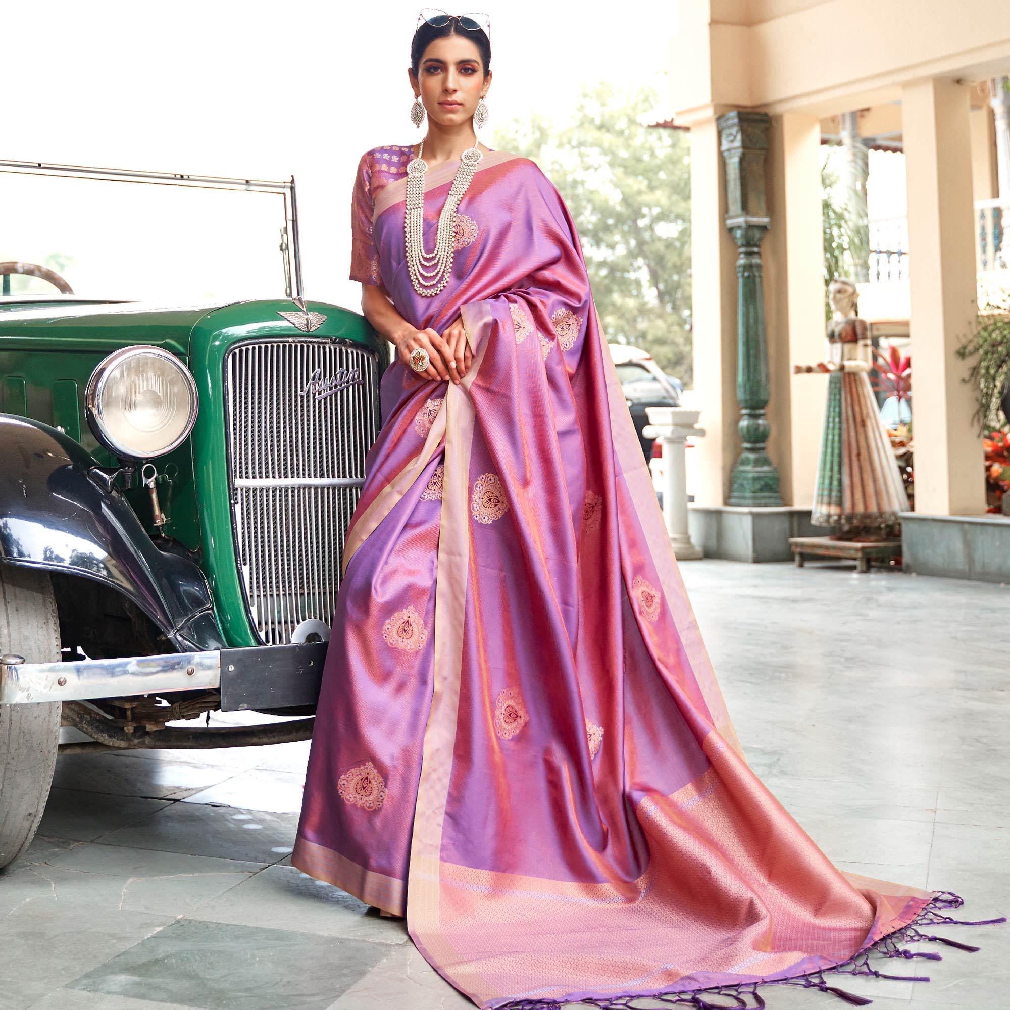 Engrossing Purple Colored Zari Work Festive Wear Banarasi Silk Saree - Peachmode