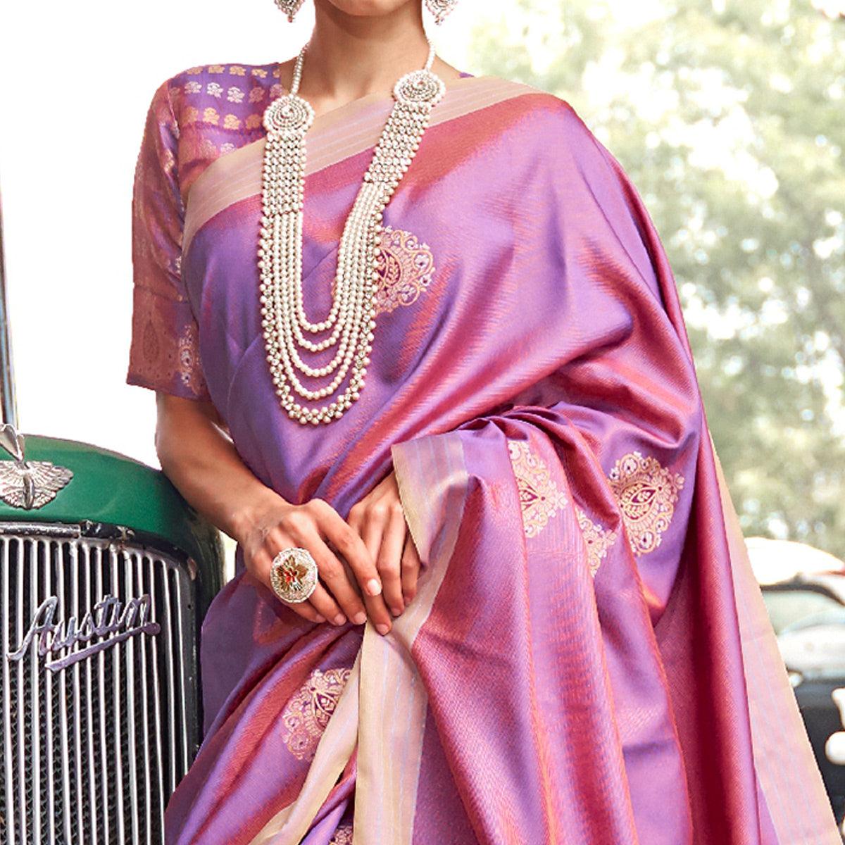 Engrossing Purple Colored Zari Work Festive Wear Banarasi Silk Saree - Peachmode