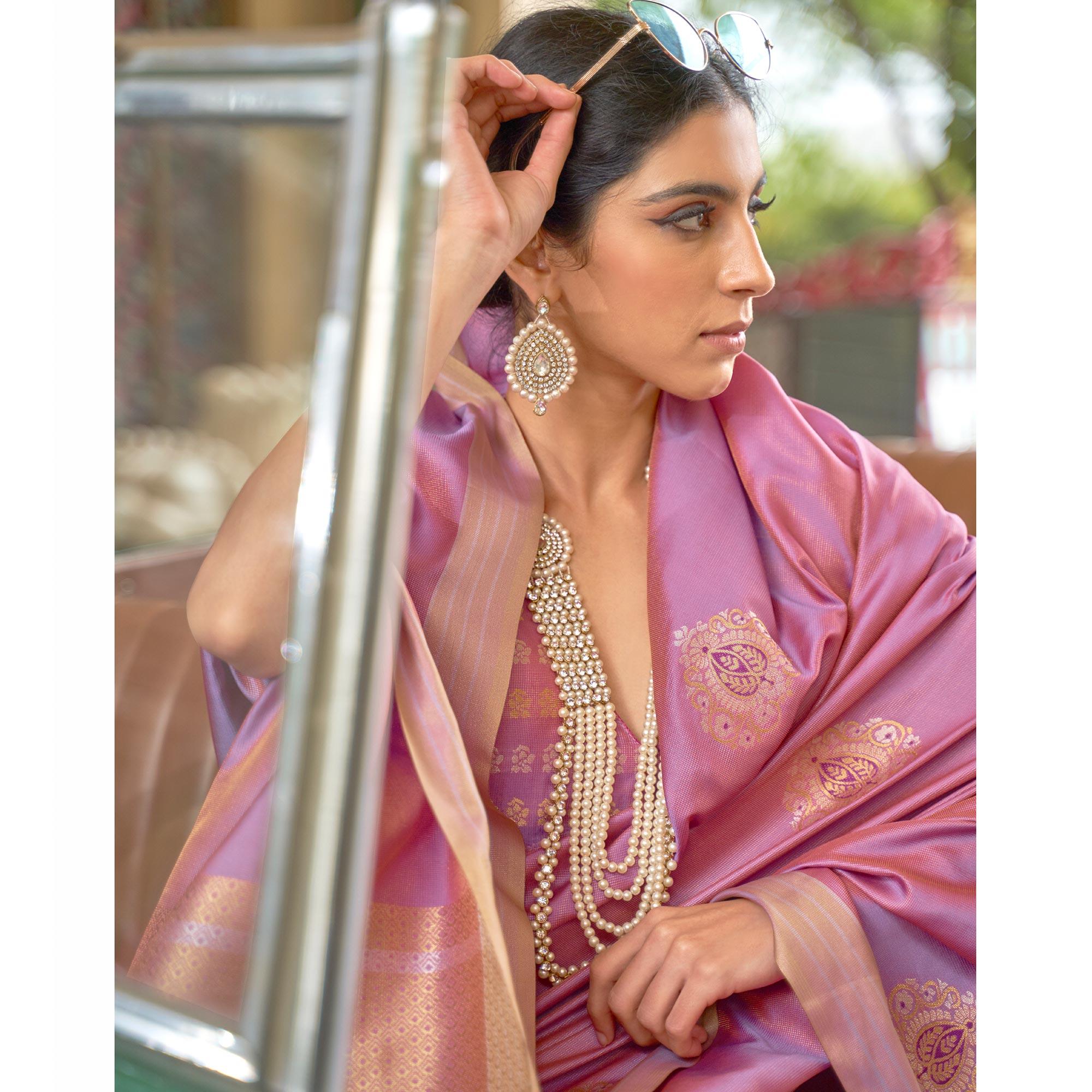 Engrossing Purple Colored Zari Work Festive Wear Banarasi Silk Saree - Peachmode