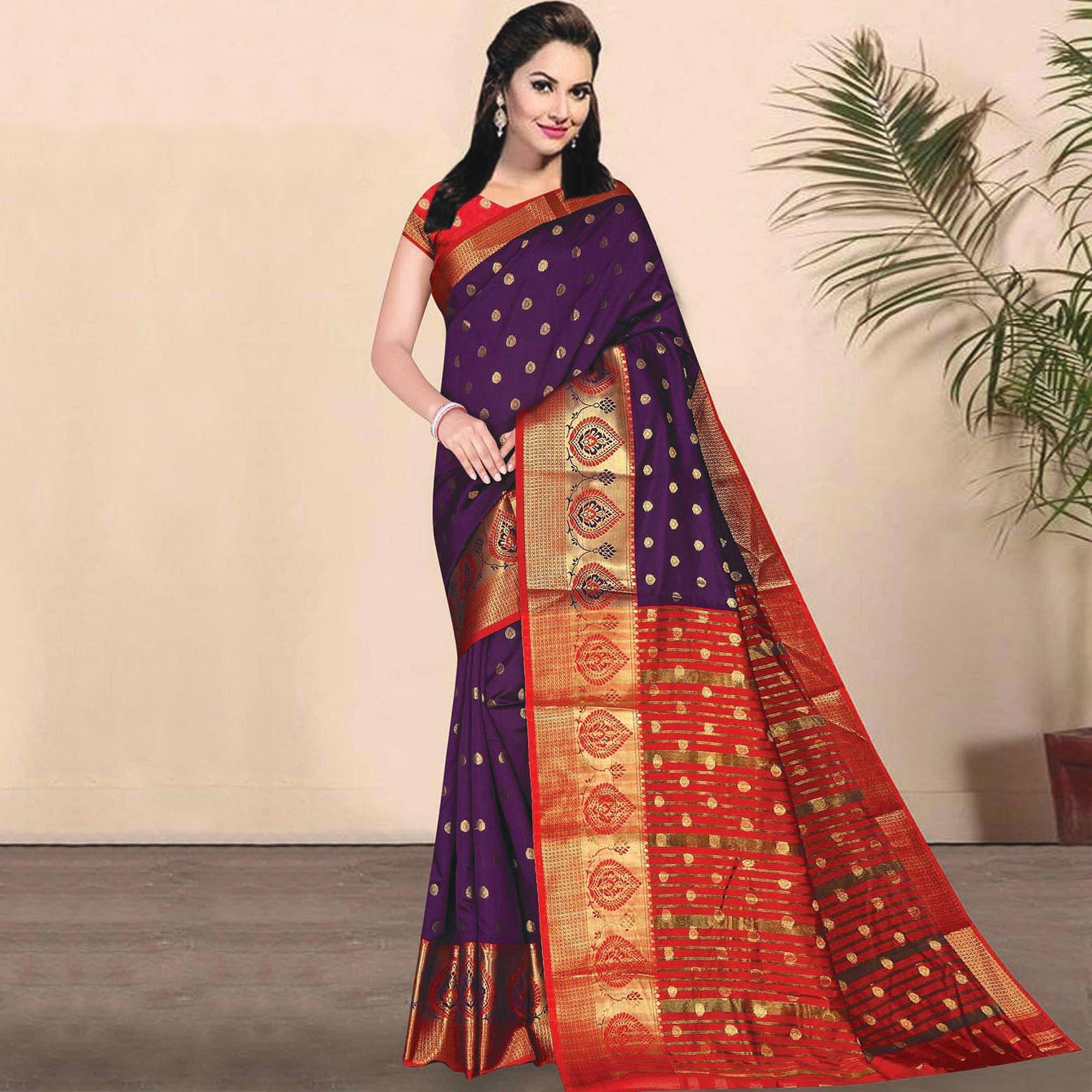 Engrossing Purple Coloured Festive Wear Woven Kota Litchi Art Silk Saree - Peachmode