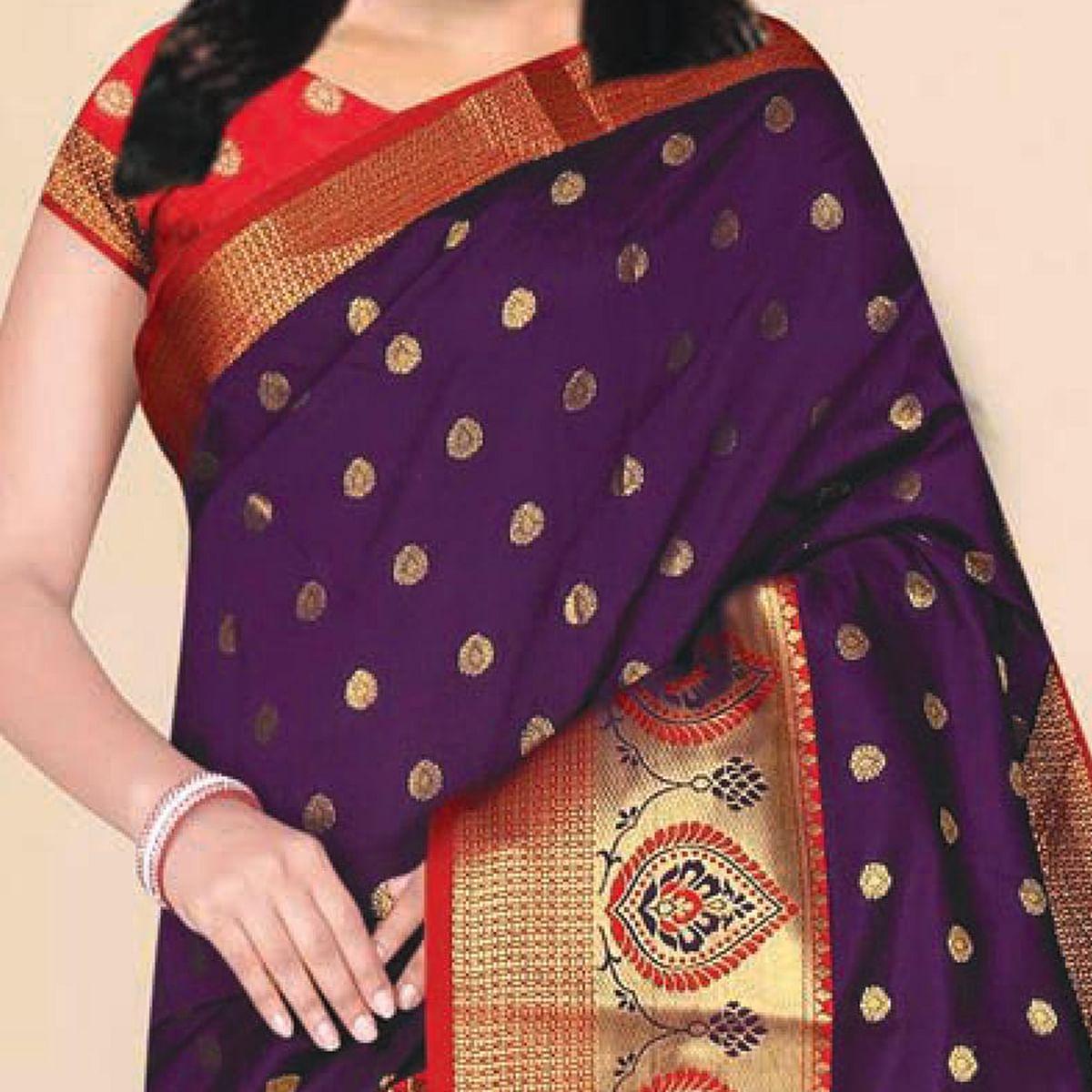 Engrossing Purple Coloured Festive Wear Woven Kota Litchi Art Silk Saree - Peachmode