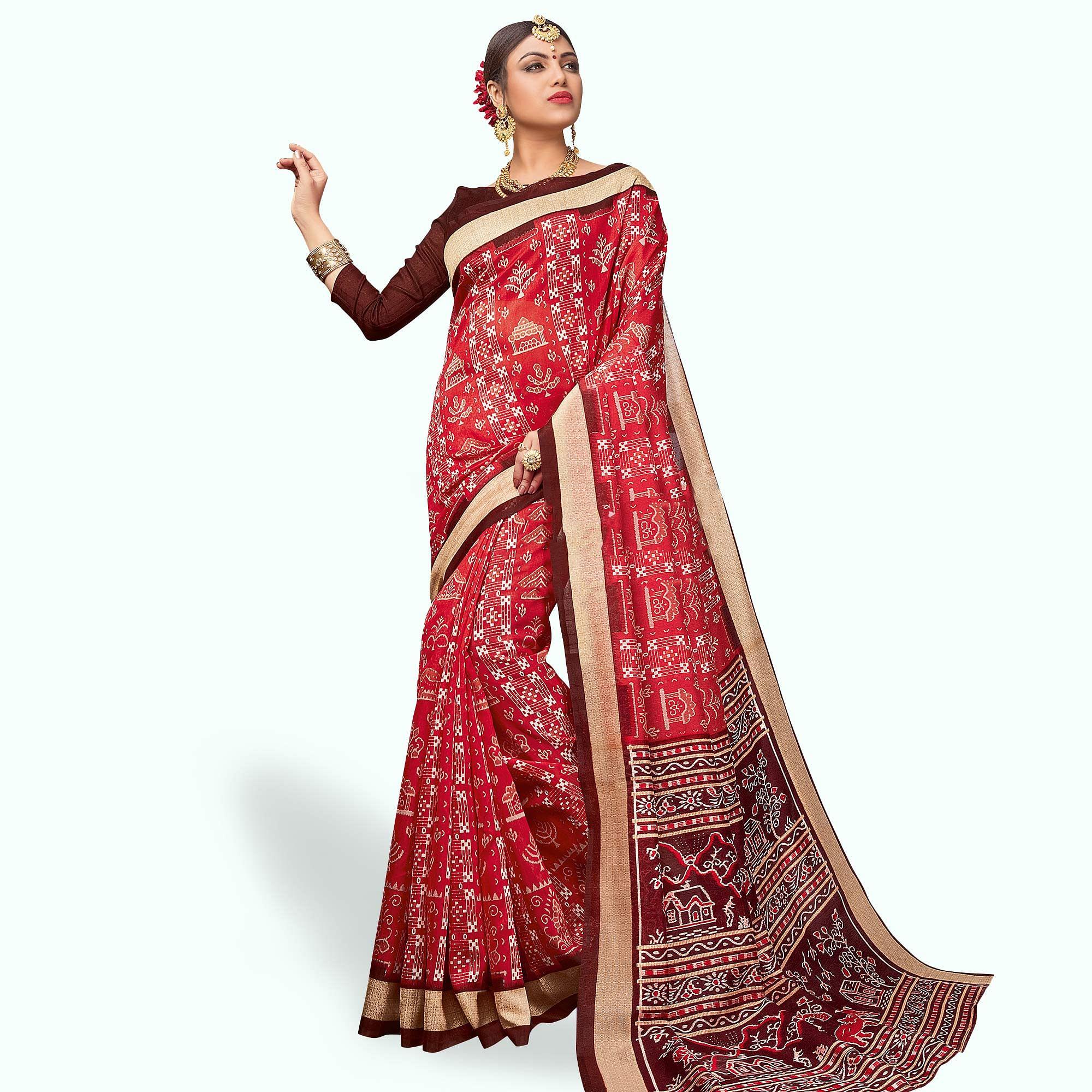 Engrossing Red Colored Casual Wear Printed Art Silk Saree - Peachmode
