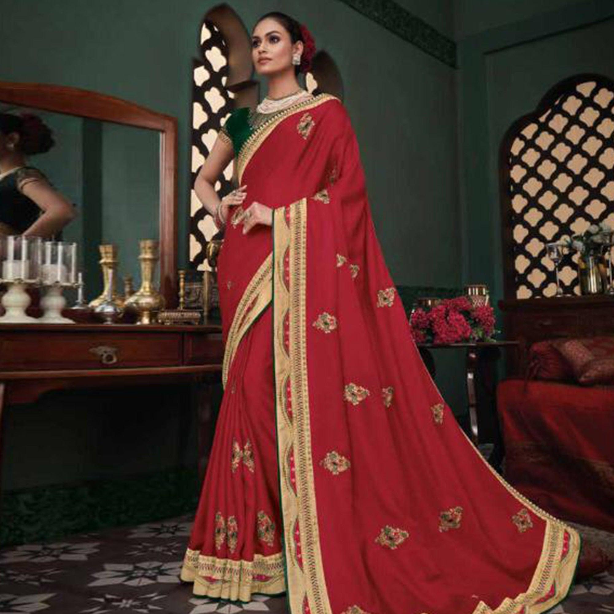 Engrossing Red Colored Festive Wear Embroidered Heavy Border Silk Saree - Peachmode