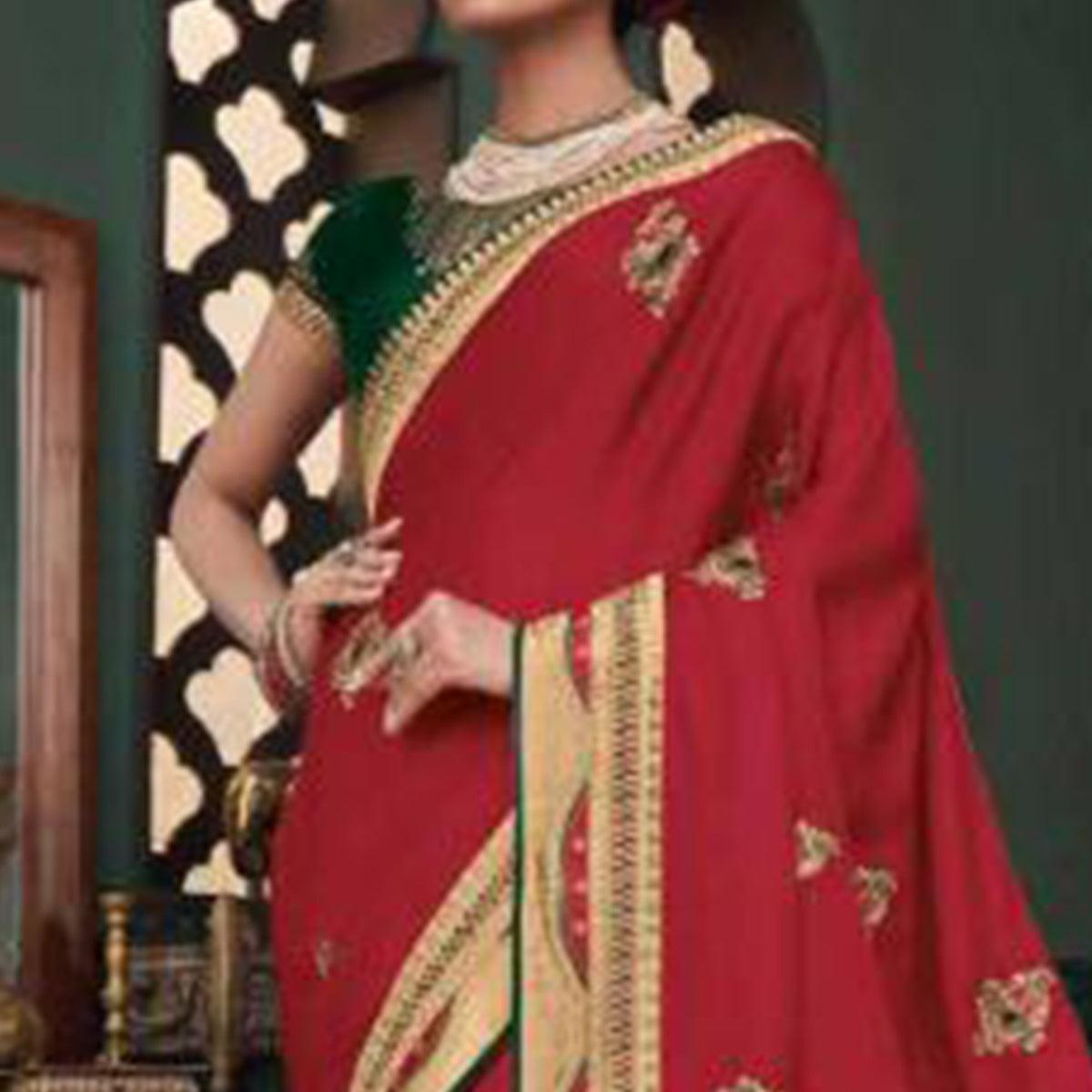 Engrossing Red Colored Festive Wear Embroidered Heavy Border Silk Saree - Peachmode