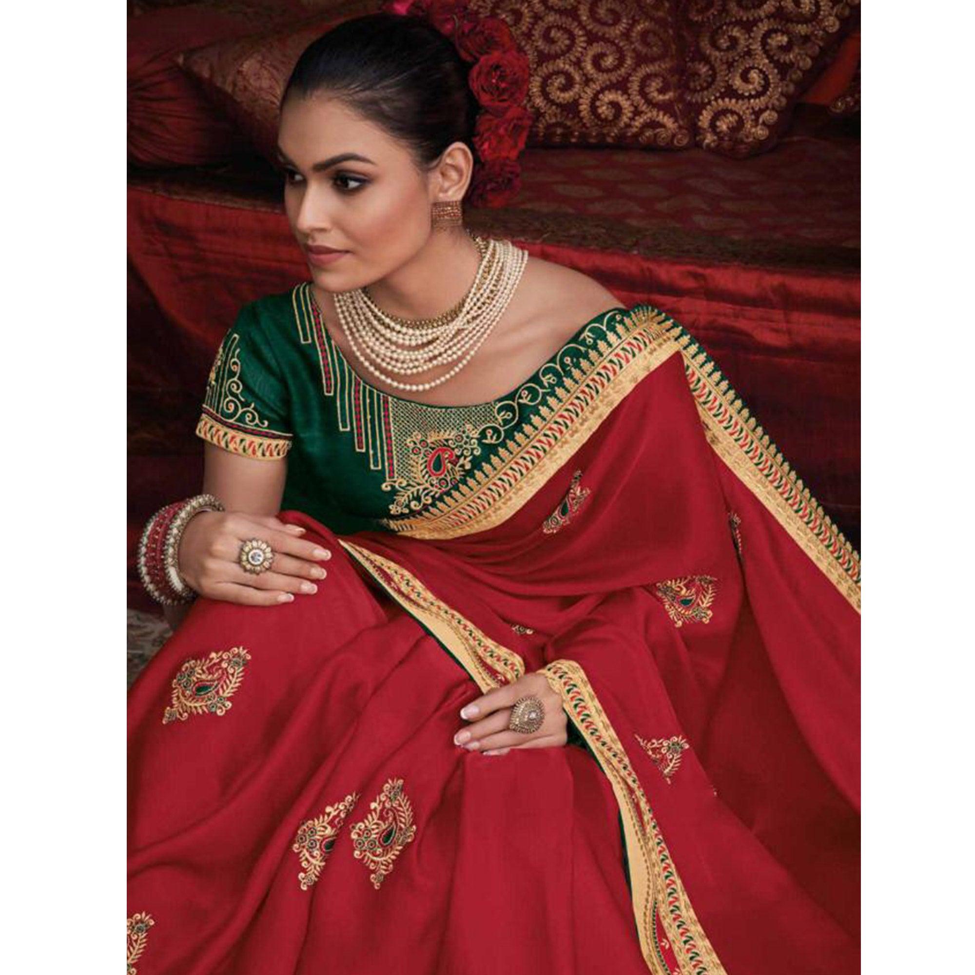 Engrossing Red Colored Festive Wear Embroidered Heavy Border Silk Saree - Peachmode