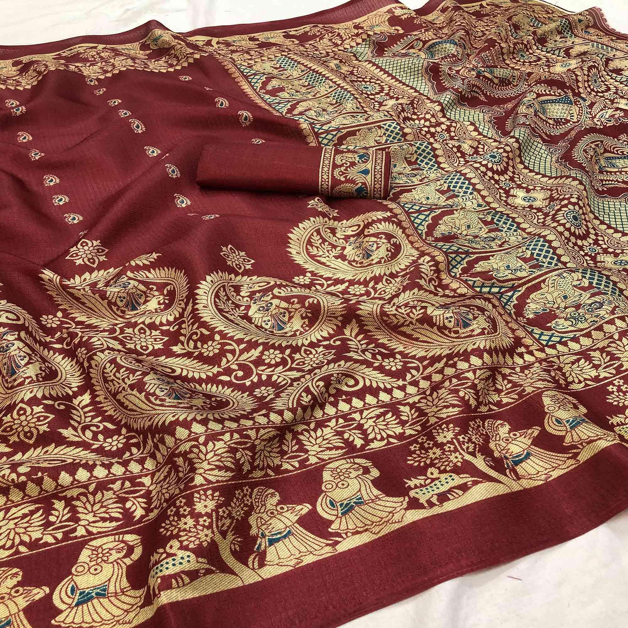 Engrossing Red Colored Festive Wear Printed Art Silk Saree - Peachmode
