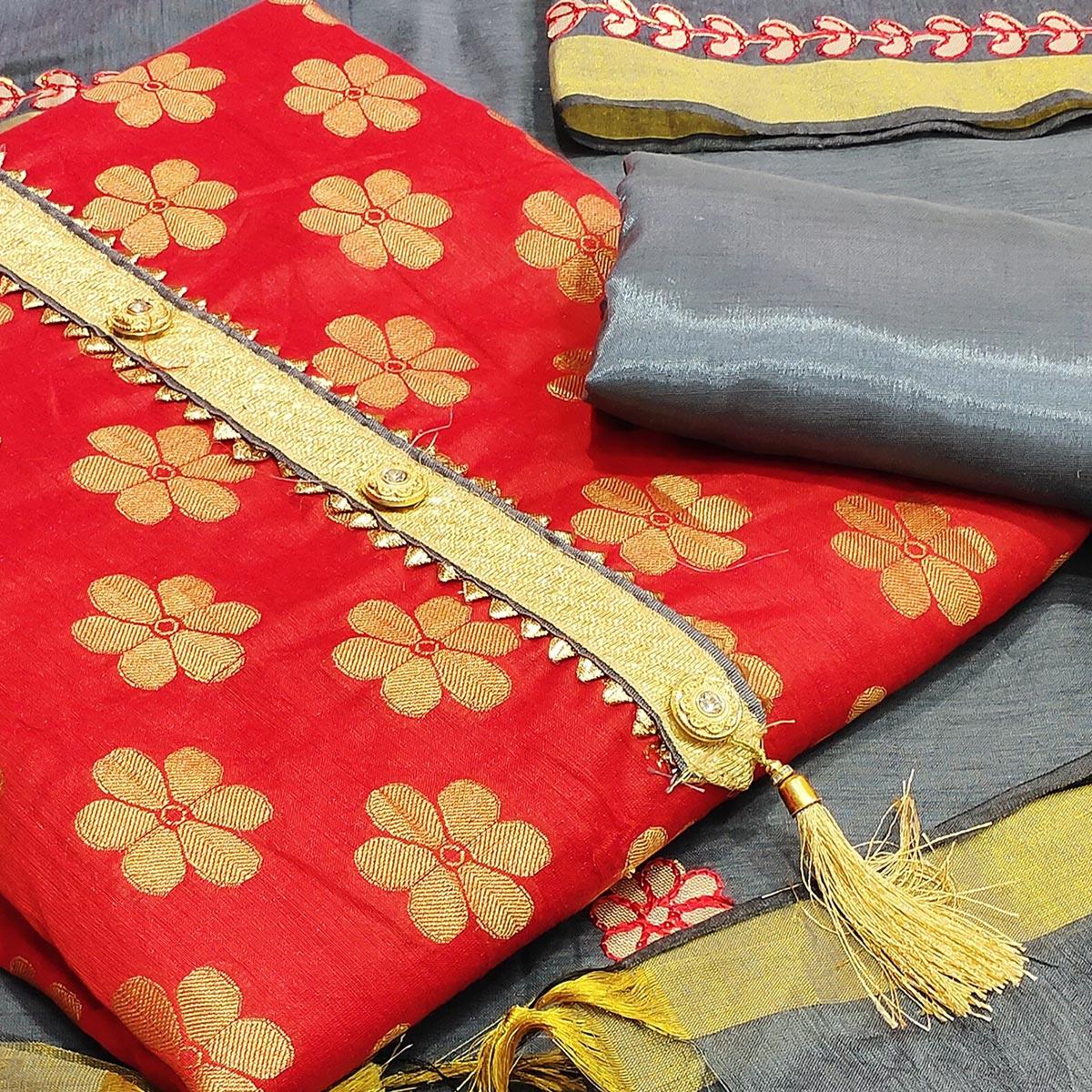 Engrossing Red Colored Festive Wear Woven Banarasi Silk Dress Material - Peachmode