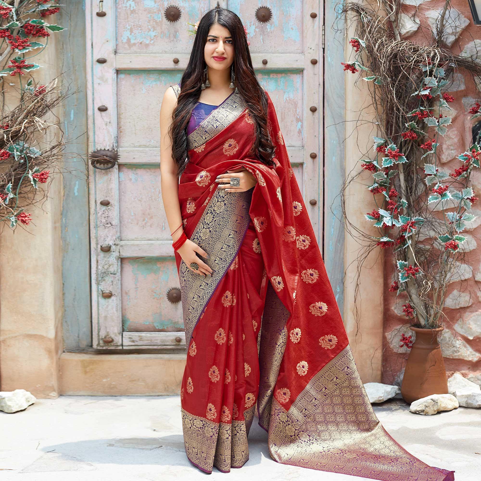 Engrossing Red Colored Festive Wear Woven Banarasi Silk Saree - Peachmode