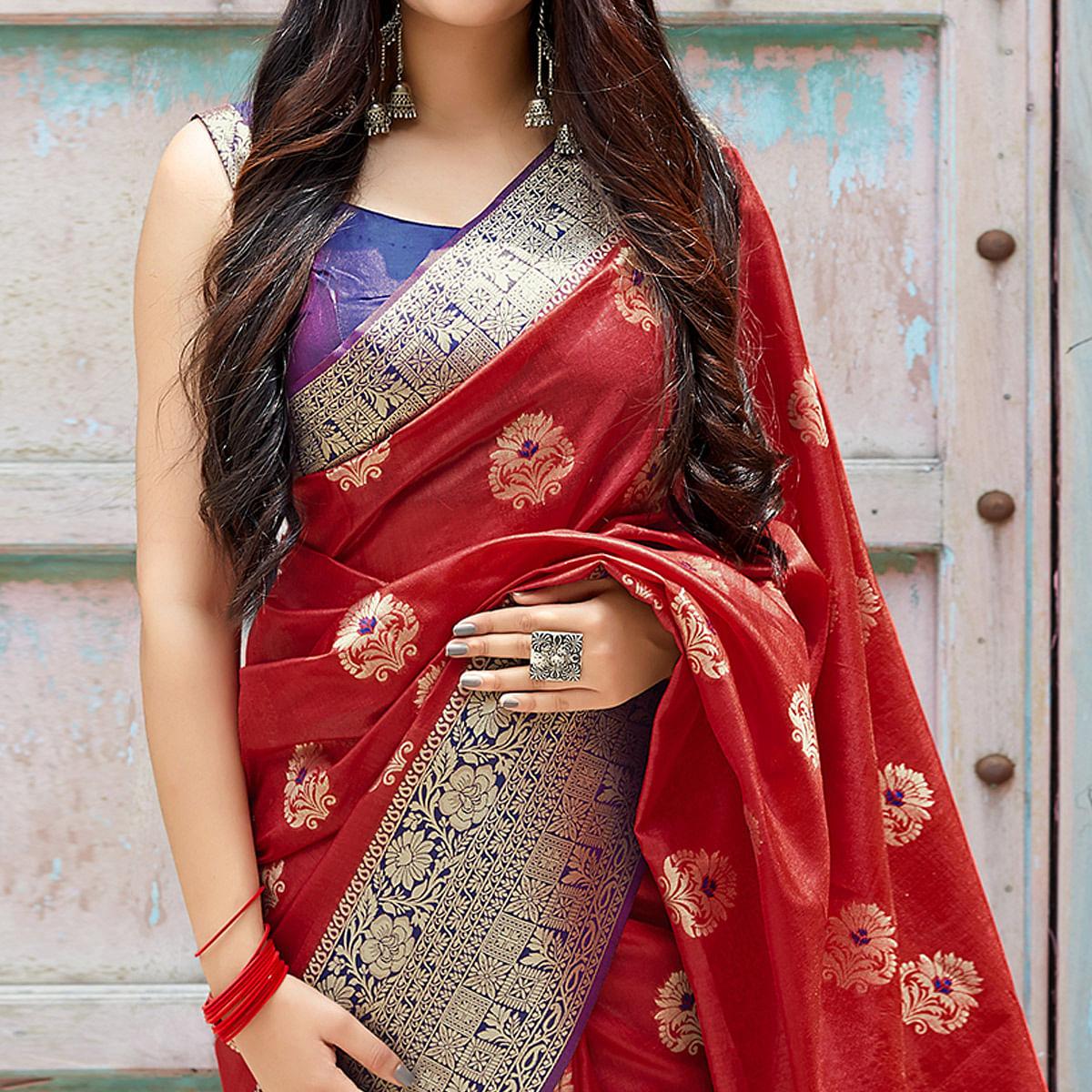 Engrossing Red Colored Festive Wear Woven Banarasi Silk Saree - Peachmode