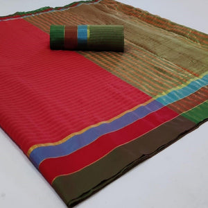 Engrossing Red Colored Festive Wear Woven Cotton Saree - Peachmode