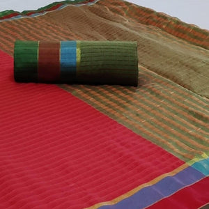 Engrossing Red Colored Festive Wear Woven Cotton Saree - Peachmode