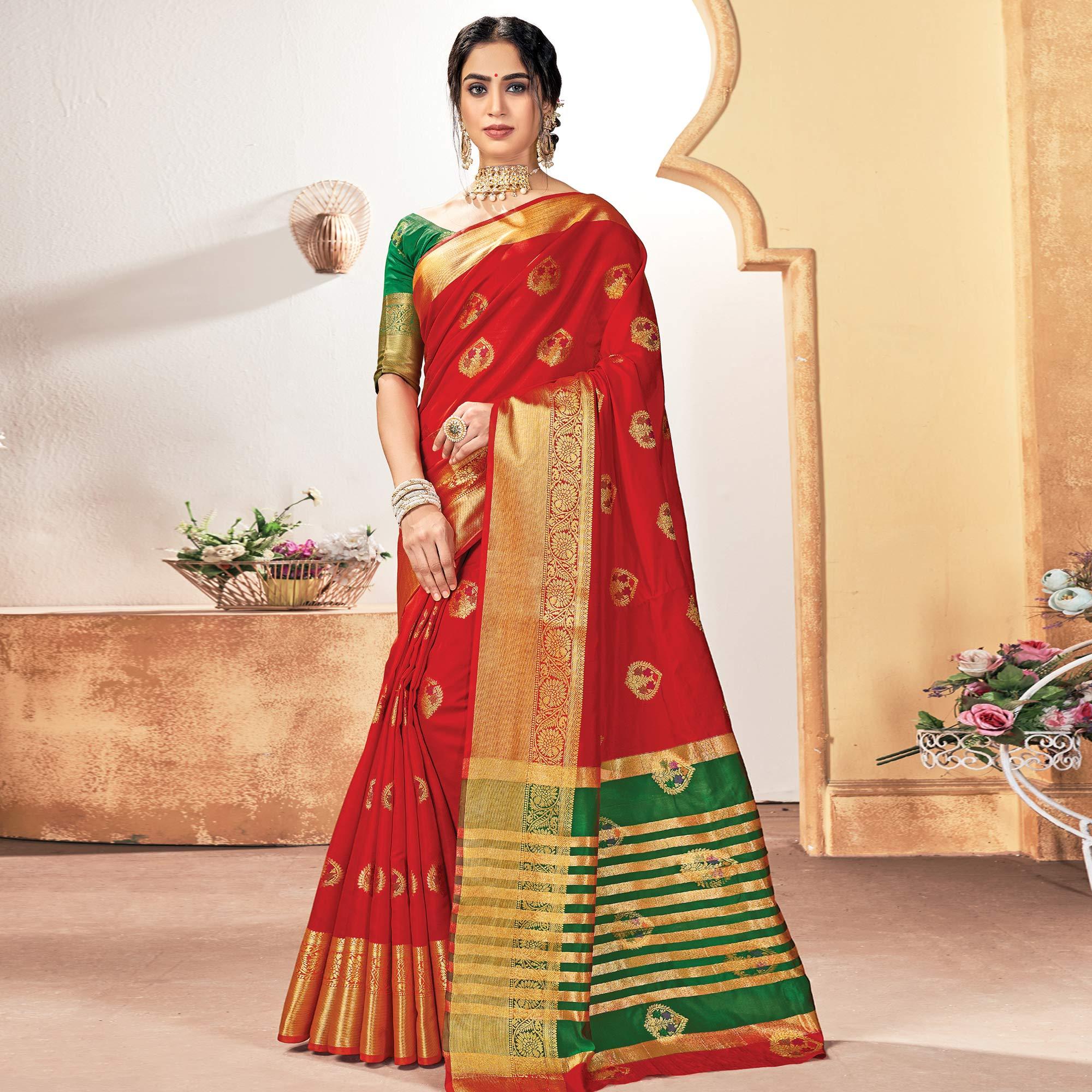 Engrossing Red Colored Festive Wear Woven Silk Saree - Peachmode