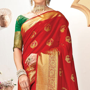 Engrossing Red Colored Festive Wear Woven Silk Saree - Peachmode