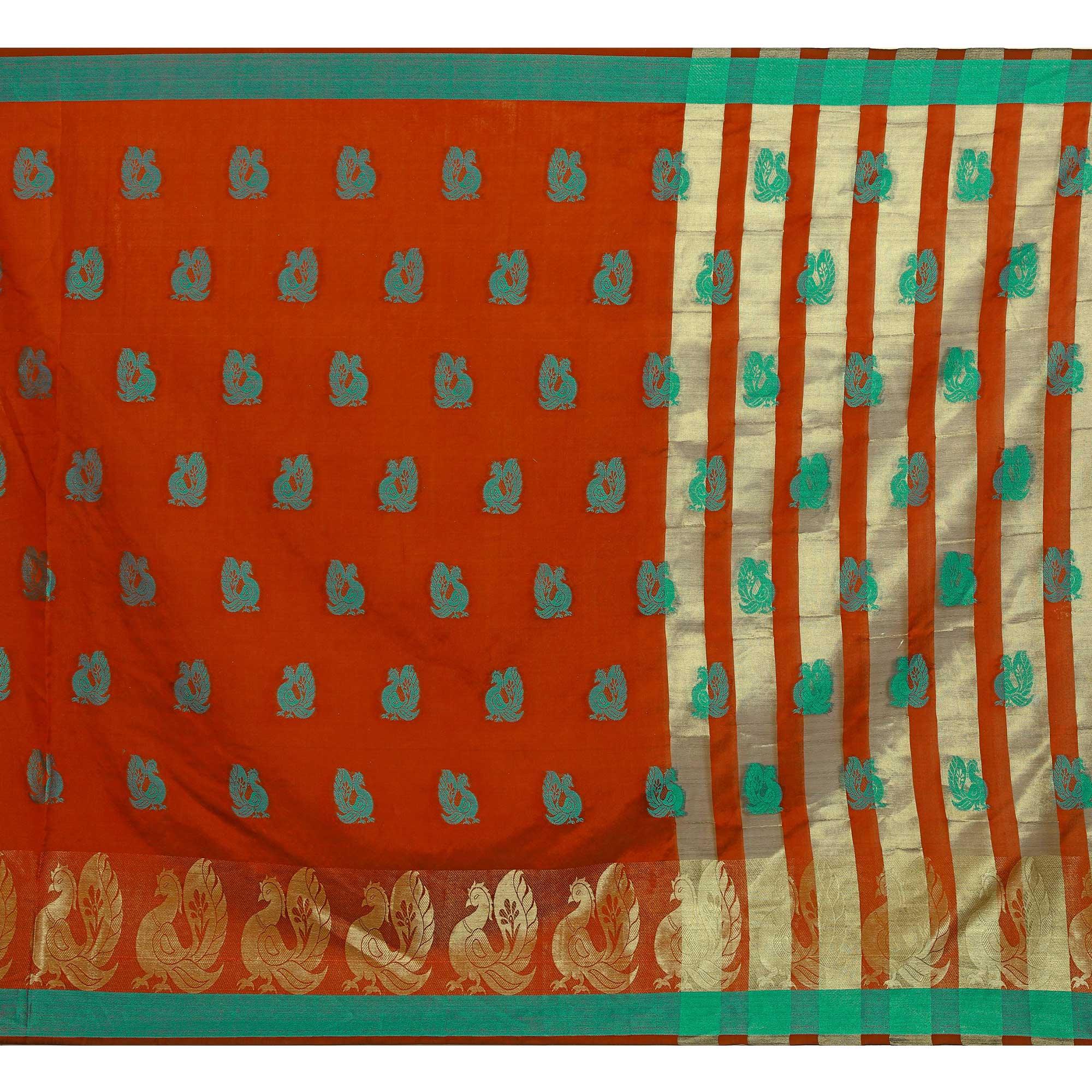 Engrossing Red Colored Festive Wear Woven Work Art Silk Saree - Peachmode