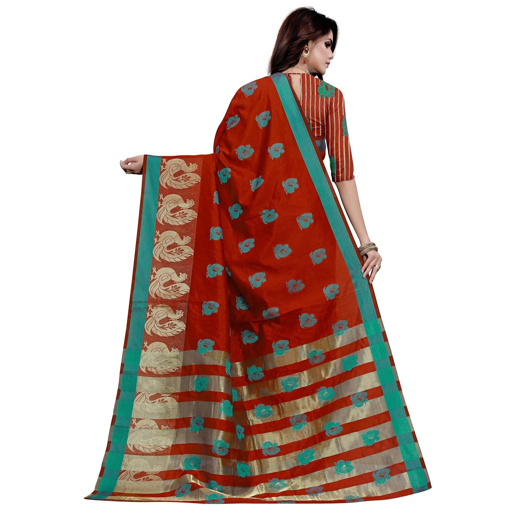 Engrossing Red Colored Festive Wear Woven Work Art Silk Saree - Peachmode