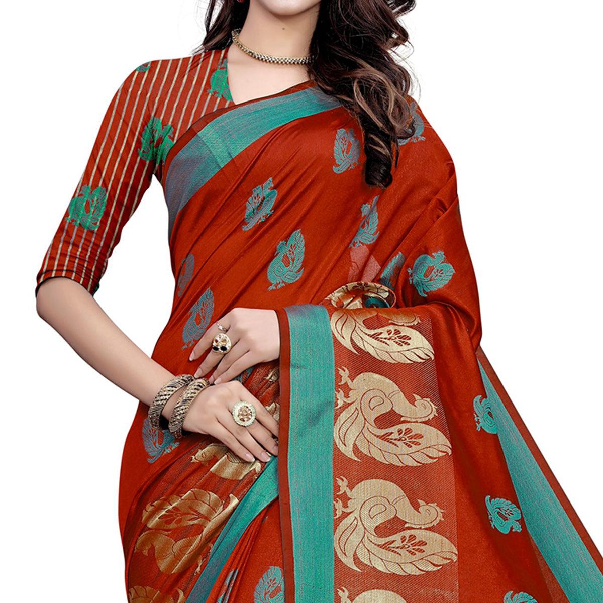 Engrossing Red Colored Festive Wear Woven Work Art Silk Saree - Peachmode