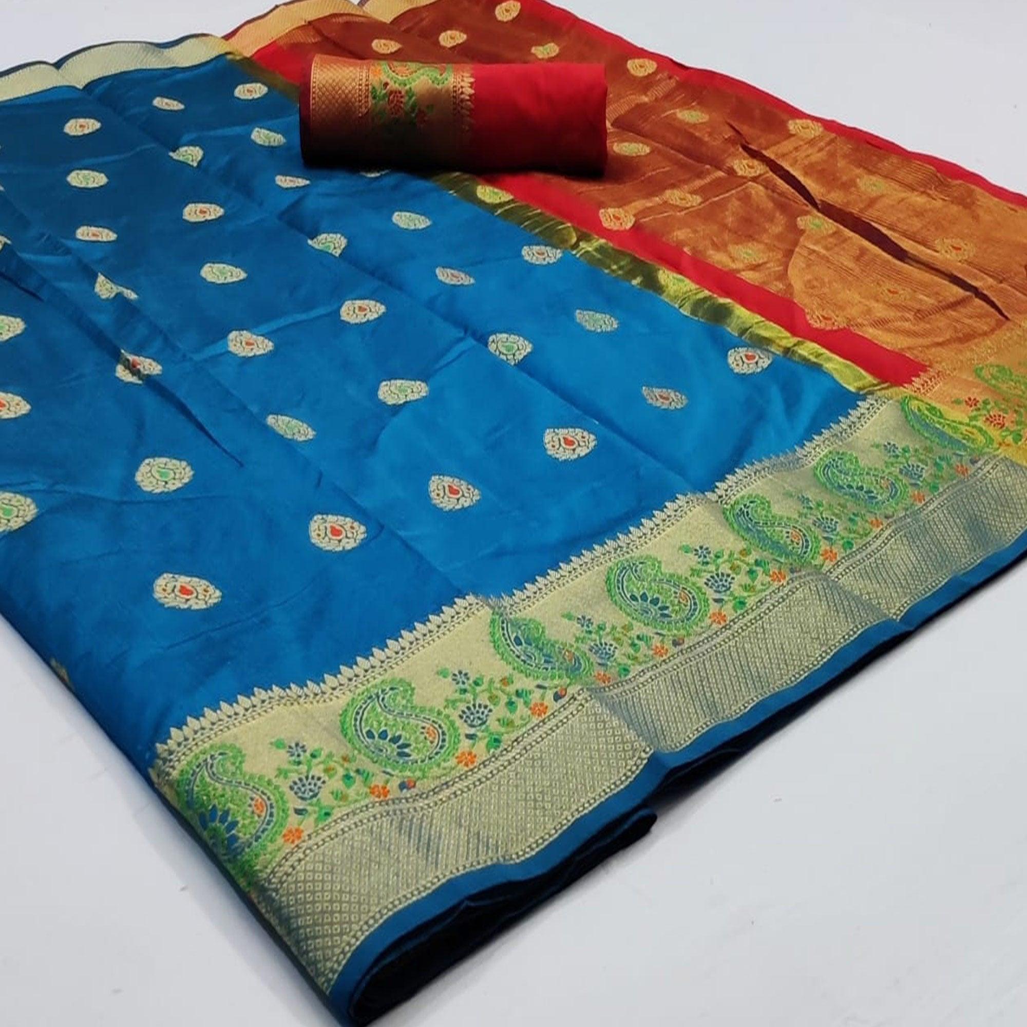 Engrossing Royal Blue Colored Festive Wear Woven Soft Silk Saree - Peachmode
